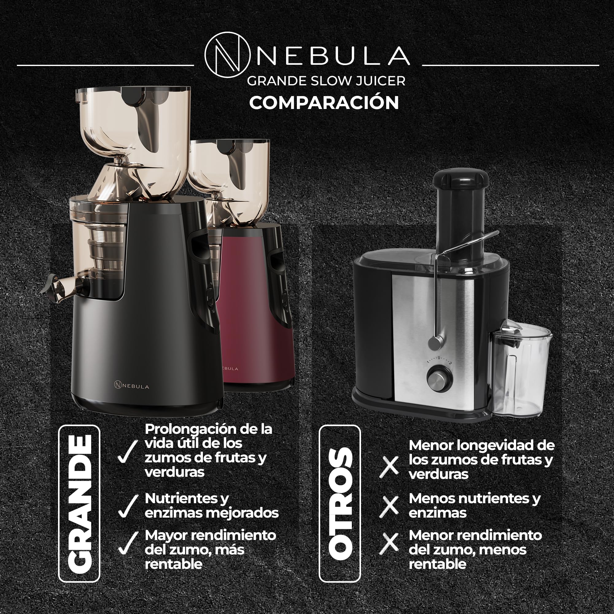 Nebula Grande Exprimidor En Frío, Frutas Y Verduras Enteras | Rojo Intenso | Recipiente De Carga De Cuello Ancho, Sin BPA, 45RPM, Motor Profesional, Fácil De Limpiar
