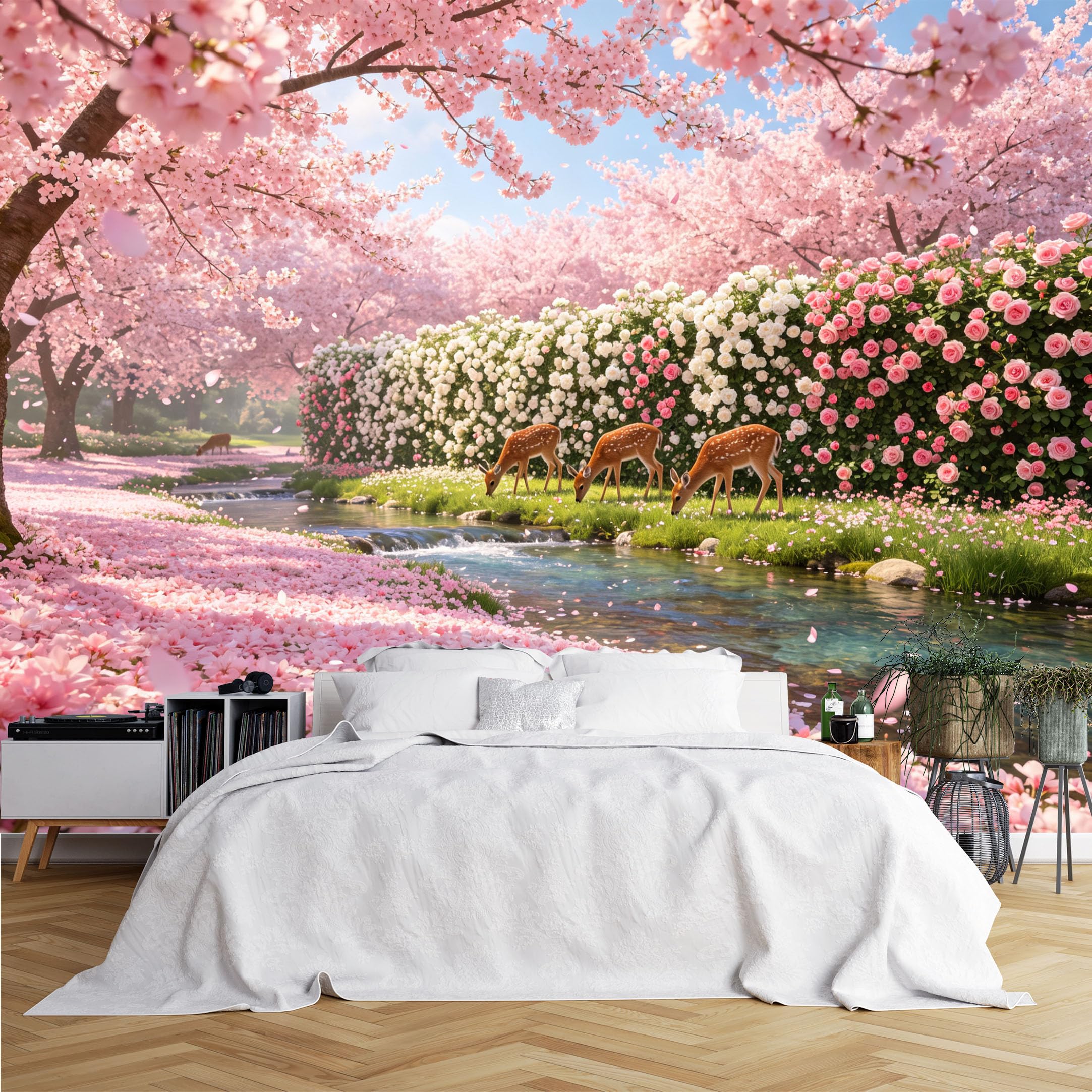 Lcythiazole Ch260615083 Custom Size Wall Murals Cherry Blossom Deer Creek Wall Murals Vivid Floral Wallpaper Home Decor Self-Adhesive Removable Wallpaper For Living Room Bedroom