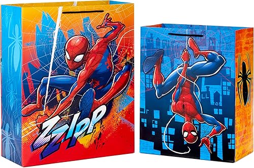 Hallmark Bolsas de regalo de Spider-Man de Marvel (2 bolsas: 1 grande de 13 pulgadas, 1 extra grande de 15 pulgadas) para cumpleaños, Halloween,