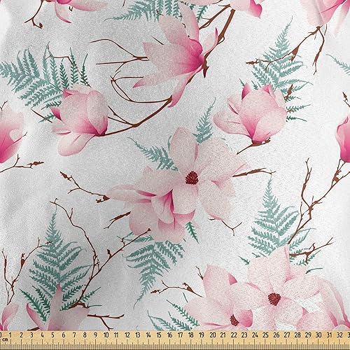 Miniatura 2 de Lunarable Spring Fabric by The Yard, Gentle Romantic Magnolia Petals in Bloom Serene Tranquil Calming Nature Art, Decorative Satin Fabric for Home