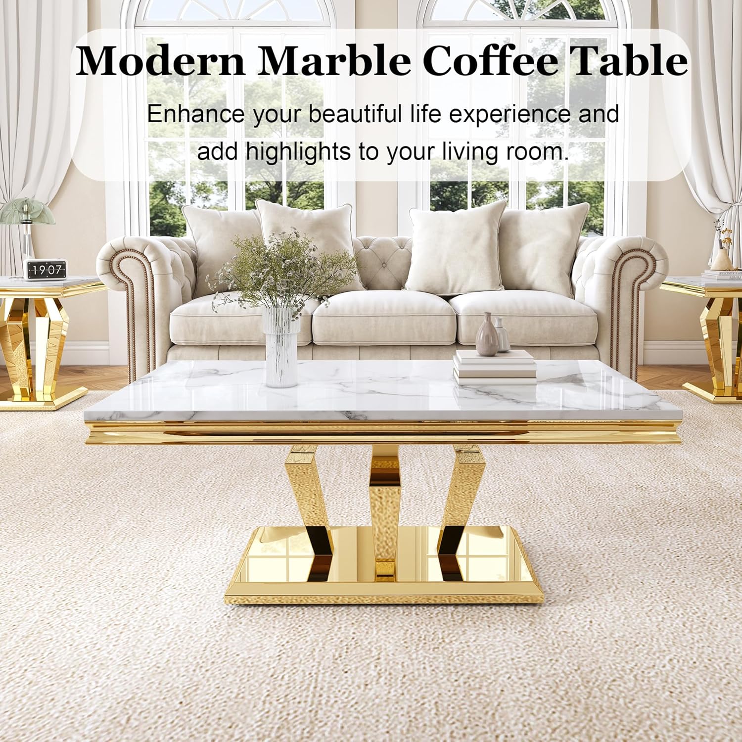 Modern Marble Coffee Table, 47" Living Room Table with Diamond-Shape Stainless Steel Base and Thickened Faux Marble Top for Living Room, Bedroom, Lounge (Gold,White)