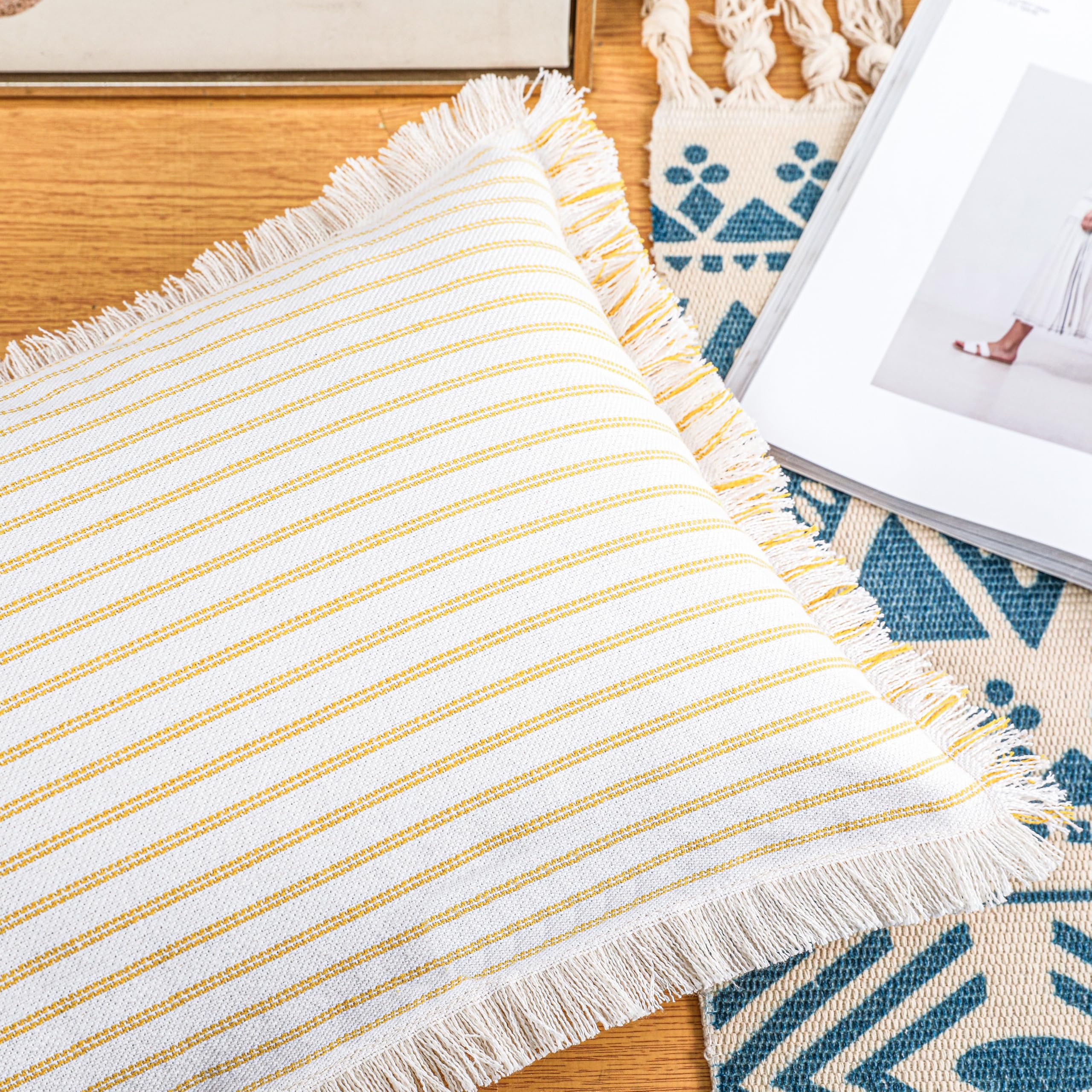 PANOD Decorative Boho Long Lumbar Pillow Cover 12x24,Super Soft Cotton Modern Long Rectangle Pillow Cover Pillow Case for Bed Sofa Couch Farmhouse Livingroom,Yellow Product Image 4
