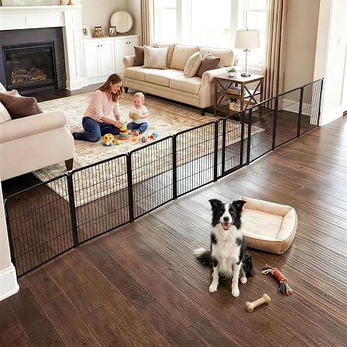 FXW Dog Gate Extra Wide Designed for Indoor Use, Adjustable Width Up to 219-inch Wide (32" H 8 Wire Panels for Small and Medium Dogs), Black