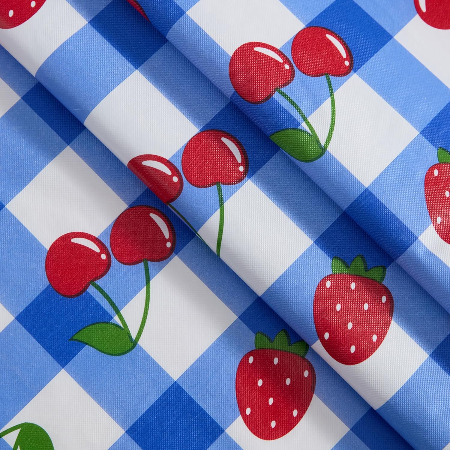 Newbridge Berry Sweet Cobalt Vinyl Tablecloth with Flannel Backing, 60 x 102 Inch Rectangle, Blue Gingham Strawberry & Cherry Print, Easy Care Wipe Clean Indoor Outdoor Table Cover