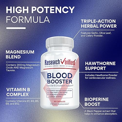 Miniatura 3 de Research Verified Refuerzo de sangre - Soporte de sangre - Espino, magnesio, polvo de semillas de apio, BioPerine - 180 cápsulas - Suministro para 3