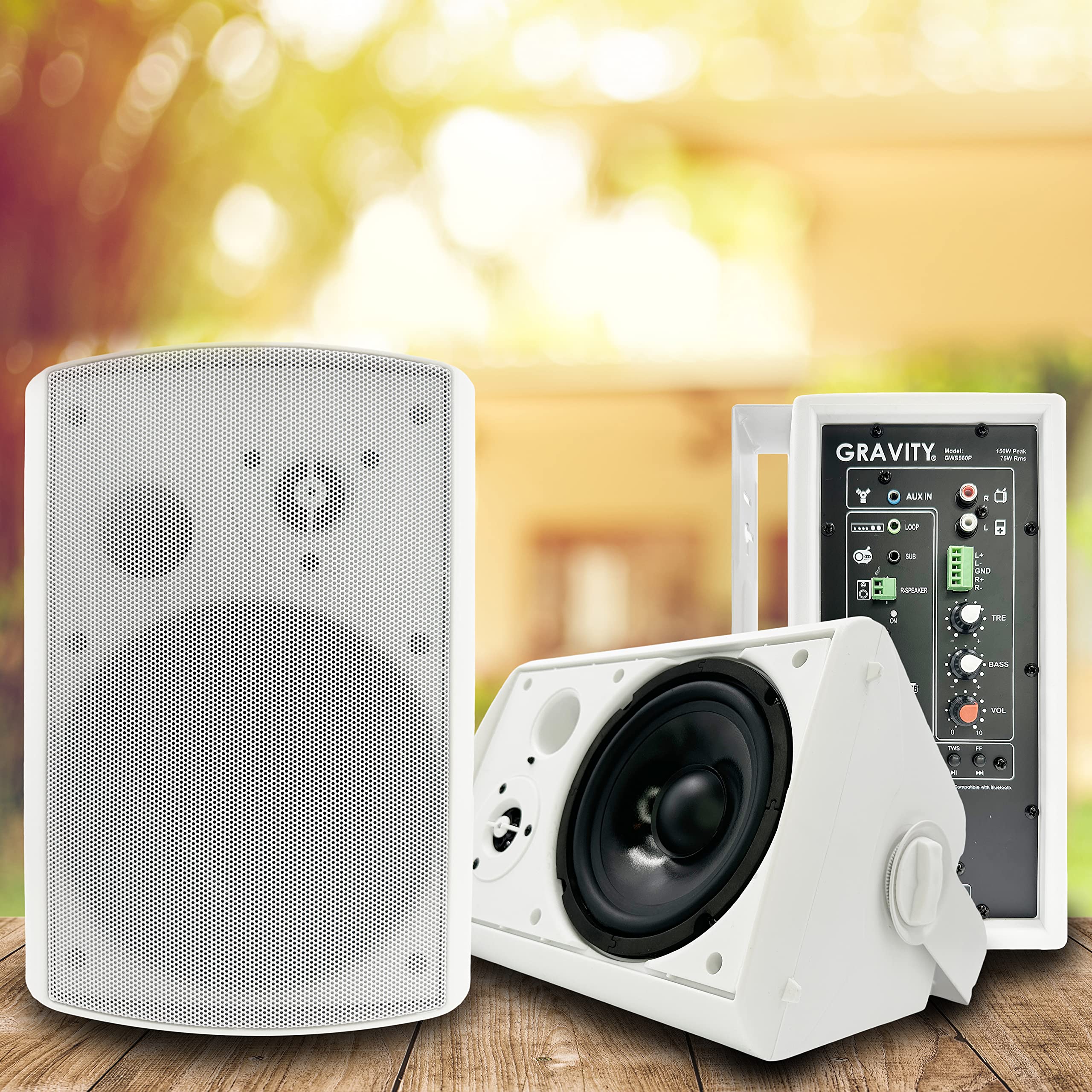 Gravity GWS560P 6.5'' Wireless BT Indoor/Outdoor/Patio Speakers - Pro-Active, Wall Mountable, 150W MAX / 75W RMS w/ 2-Way Full Range Stereo, Built-in Digital Sound Amplifier, Pair, White Color