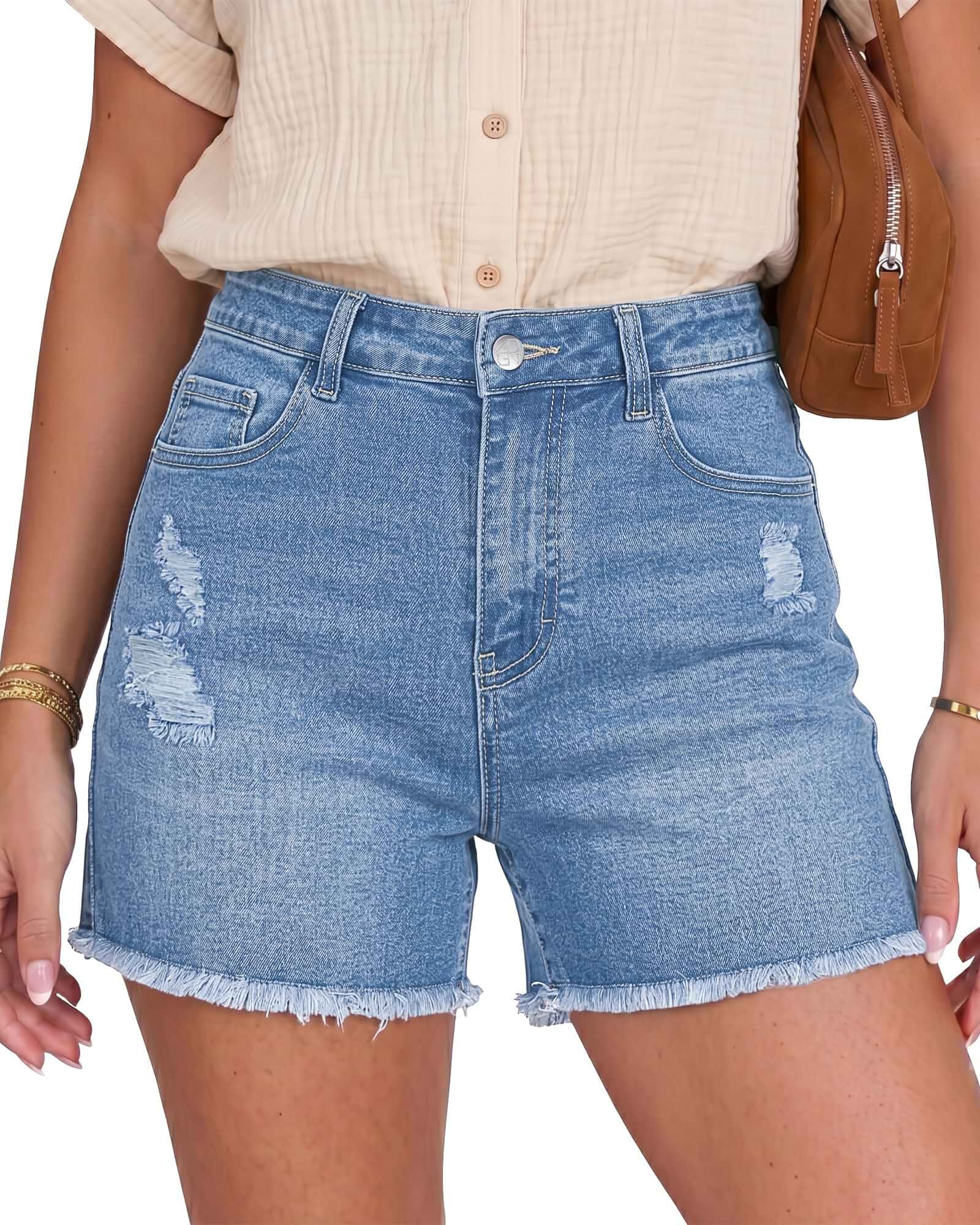 GRAPENT Jean Shorts Womens High Waisted Ripped Cut Off Stretchy Denim Jorts High Waisted, Stretch, 4 Inch Inseam, Distressed, Denim Fabric, 5 Pockets, Fray Hem, Concert Outfits, Western Outfits