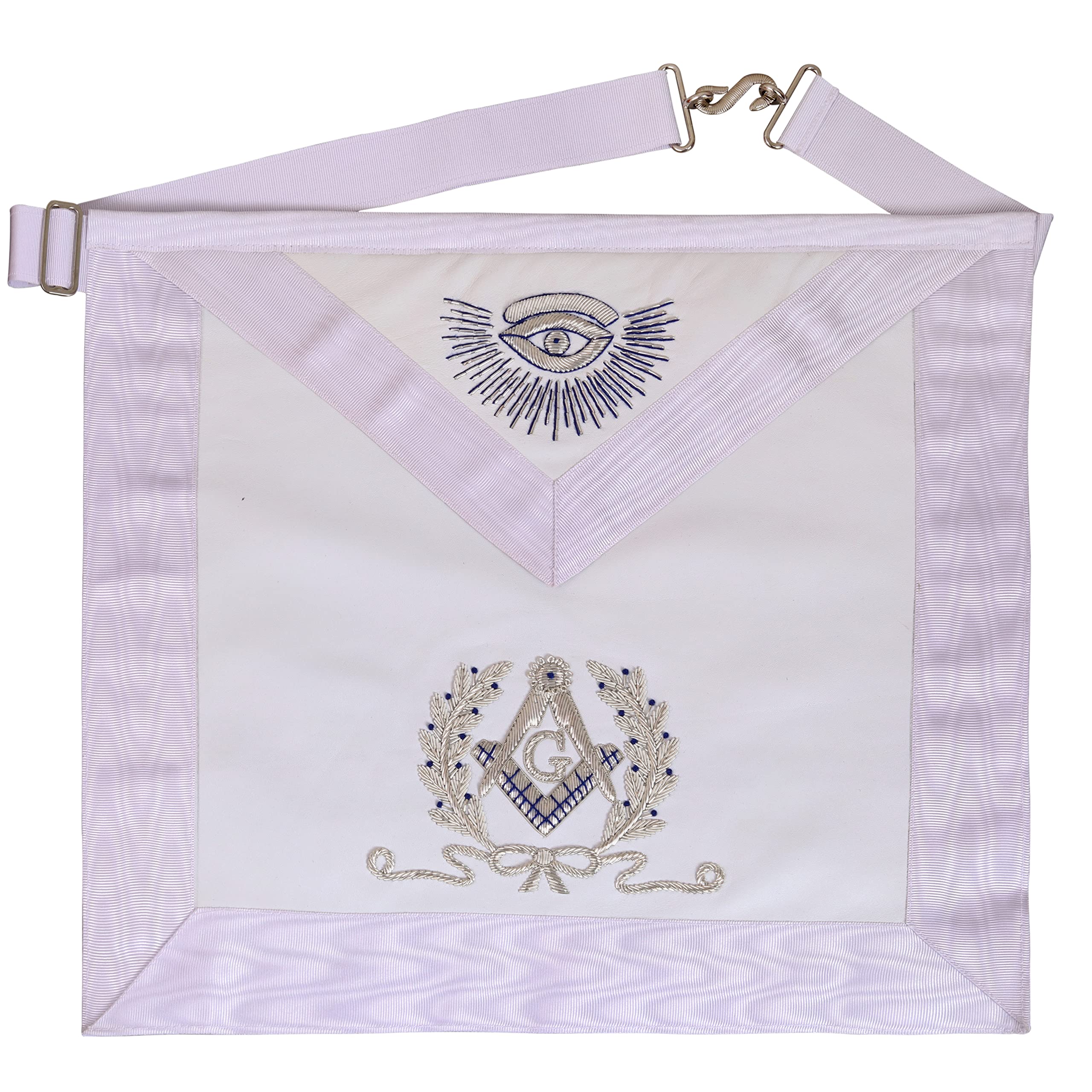 MasonicHub Delantal Mason blanco bordado a mano bullion cuadrado y brújula 100% piel de cordero masónico delantal, Plateado, Large