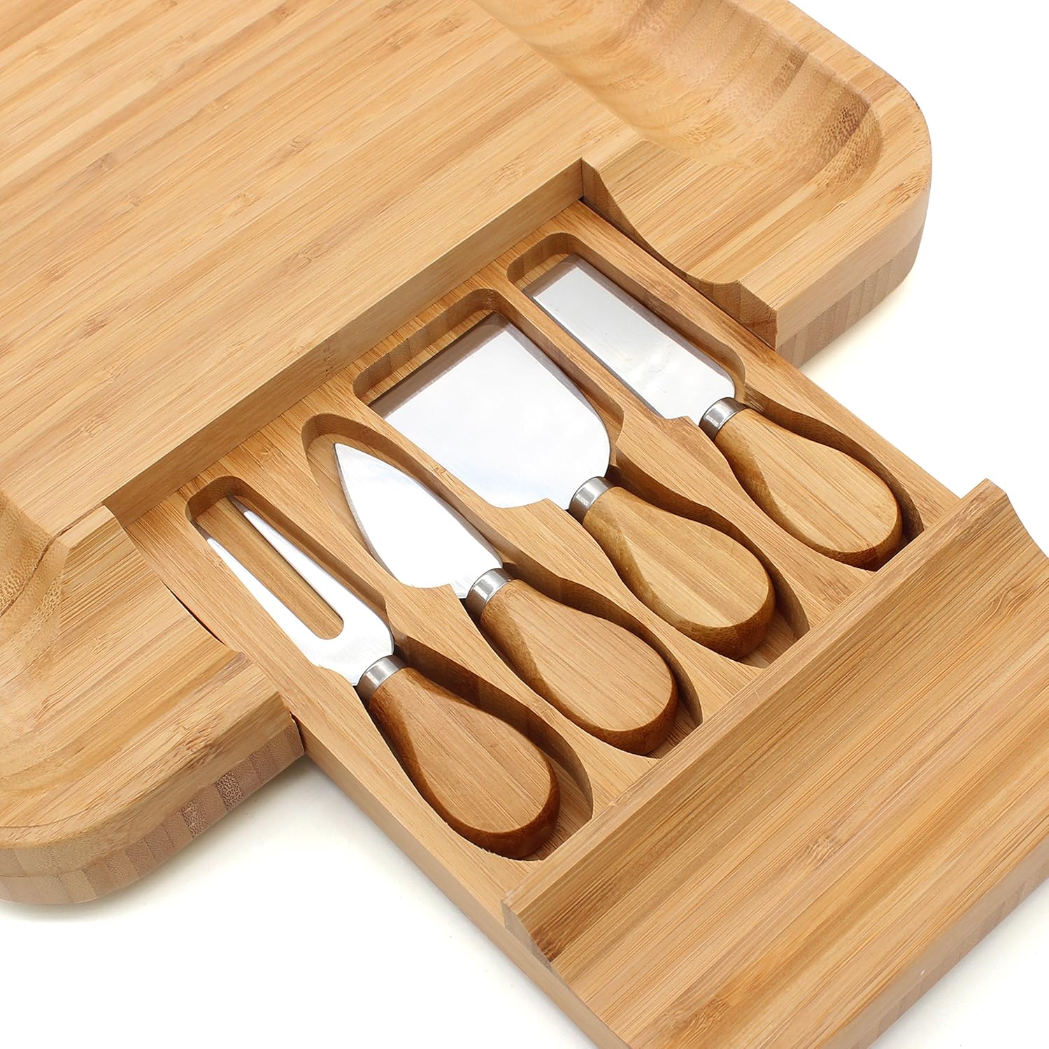 Bеѕt Dеаl 🛒 Esup Bamboo Cheese Board Set Cheese Plate 13'' x 13'' With Integrated Slide-Out Drawer and 4 Specialist Cheese Knives Set Hоttеѕt Sаlе Esup Bamboo Cheese Board Set Cheese Plate 13'' x 13'' With Integrated Slide-Out Drawer and 4 Specialist Cheese Knives Set