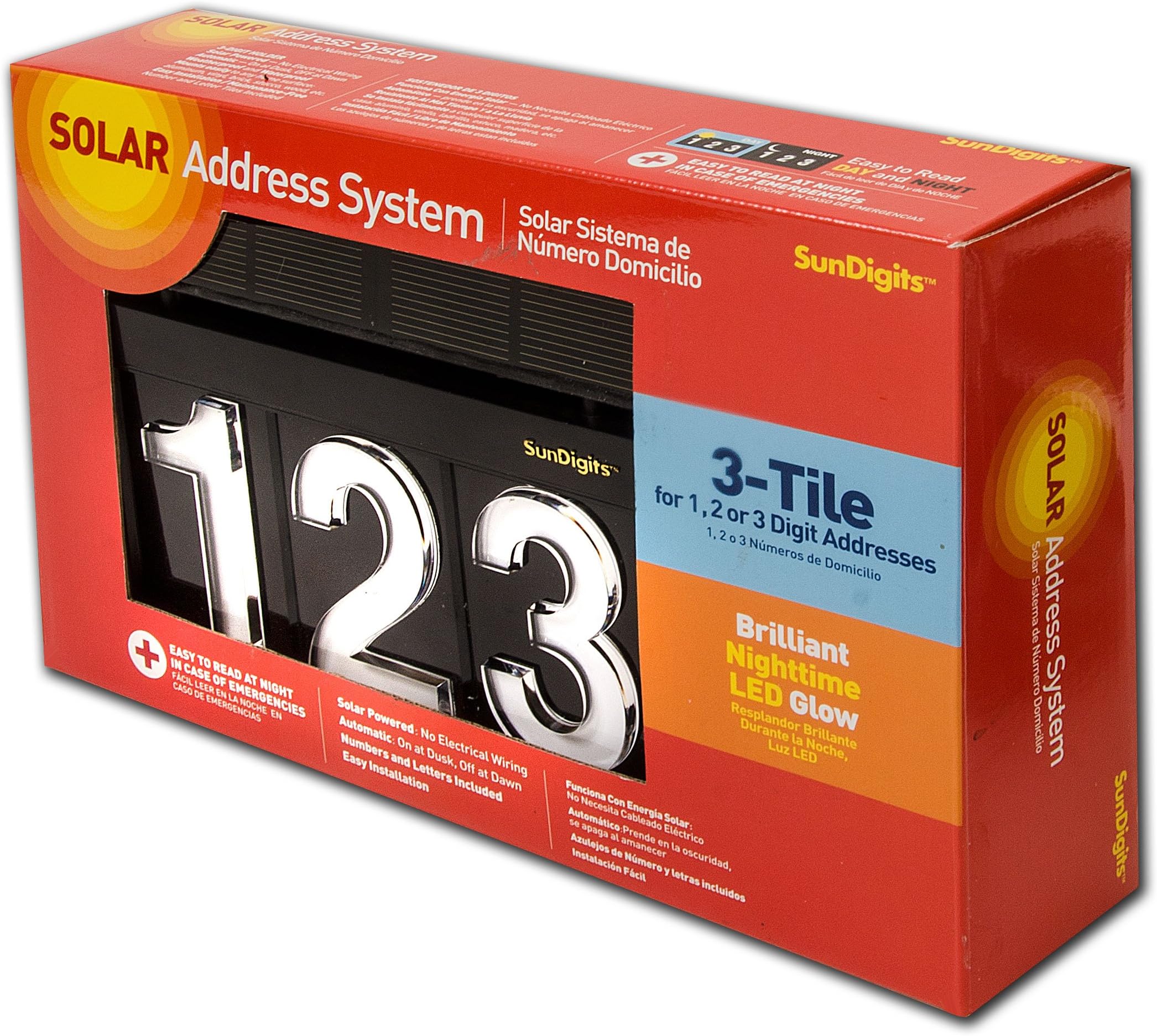 Modern 3 Digit Solar LED House Numbers (11 x 7.25) inches, Plastic & Metal, Wall Mount, Landscape Orientation, Property & Entrance Use