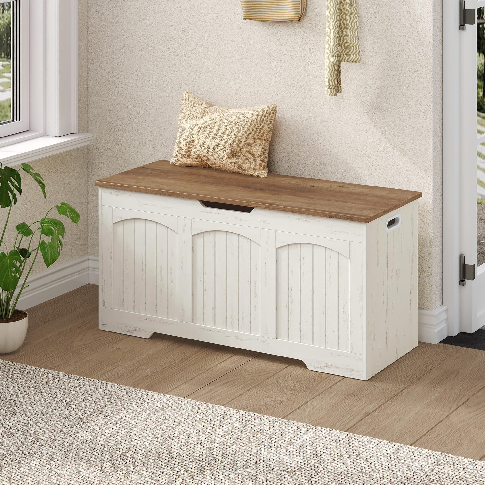 Cassapanca, Cassapanca Contenitore in Legno, Panca Contenitore con Cerniere di Stabilità, per Ingresso, Camera da Letto, Soggiorno, 100 x 40 x 48 Cm, Bianco e Marrone FFXD103PWR1