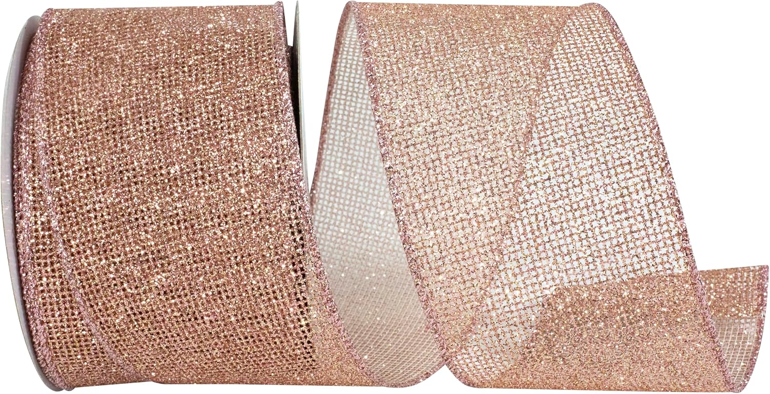 Reliant Ribbon Rose Micro Mesh Glitter Metallic Wired Edge, Rose Gold, 2-1/2 Inch, 10 Yards