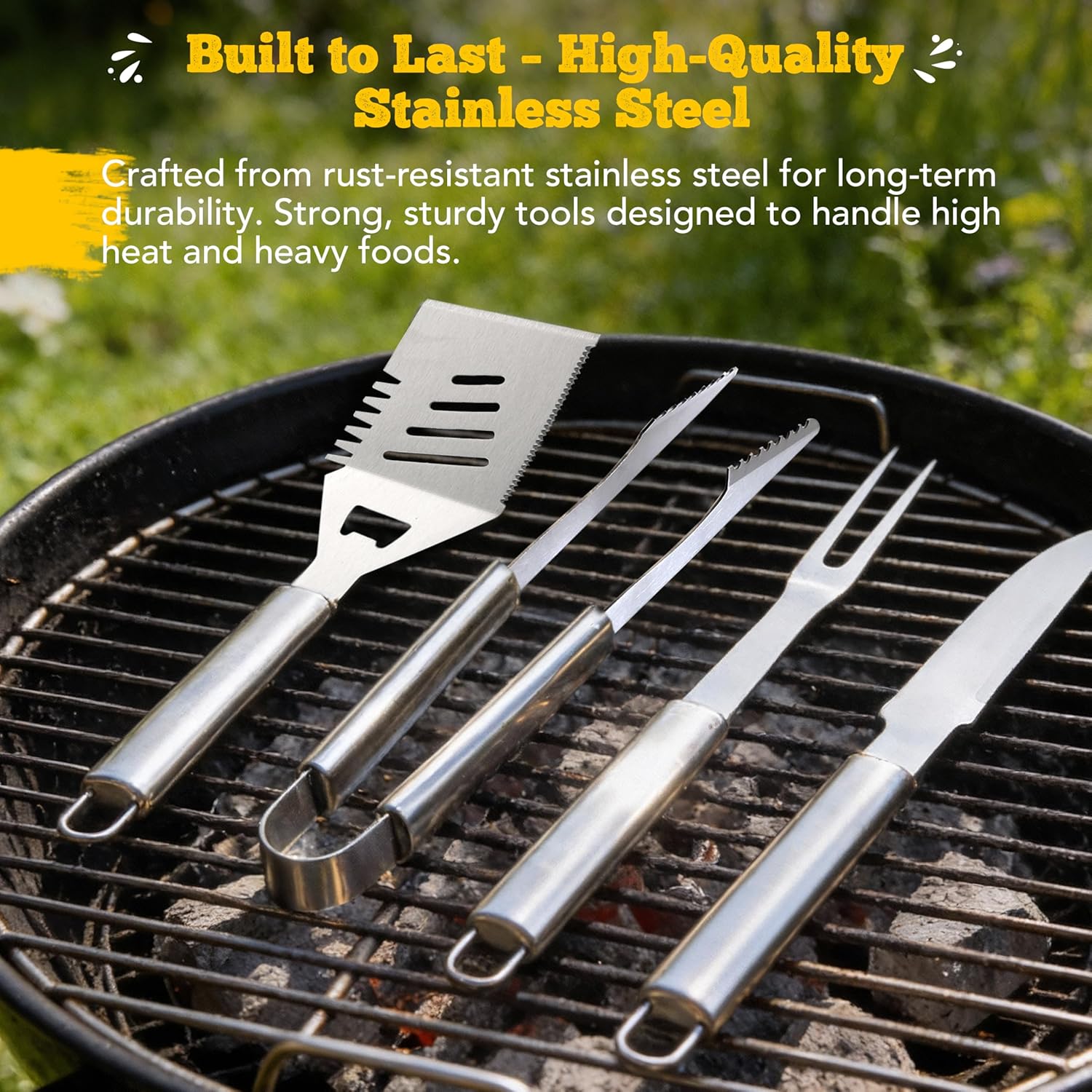 Custom Engraved Monogram Name Initial Icon BBQ Accessories Grill Tools Set with Wooden Storage Case 5 Piece Kit with Stainless Steel Tongs, Spatula, Fork, Basting Brush, & Knife Gift for Men (SS)