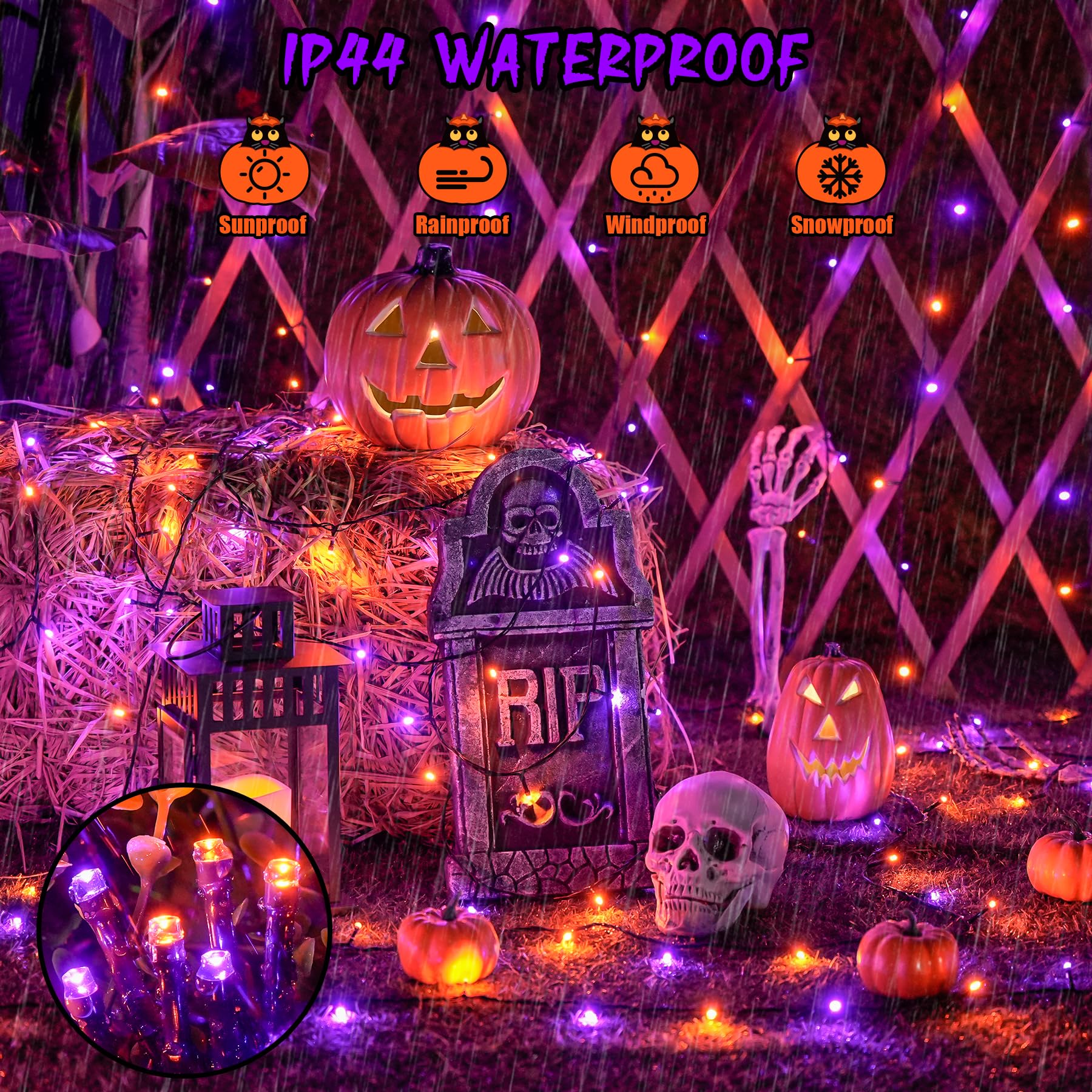 2個パック オレンジ パープル ハロウィン ソーラー ストリングライト 合計144フィート 400 LED 8モード 防水 ソーラー ハロウィンライト 屋外 ハロウィンデコレーション用
