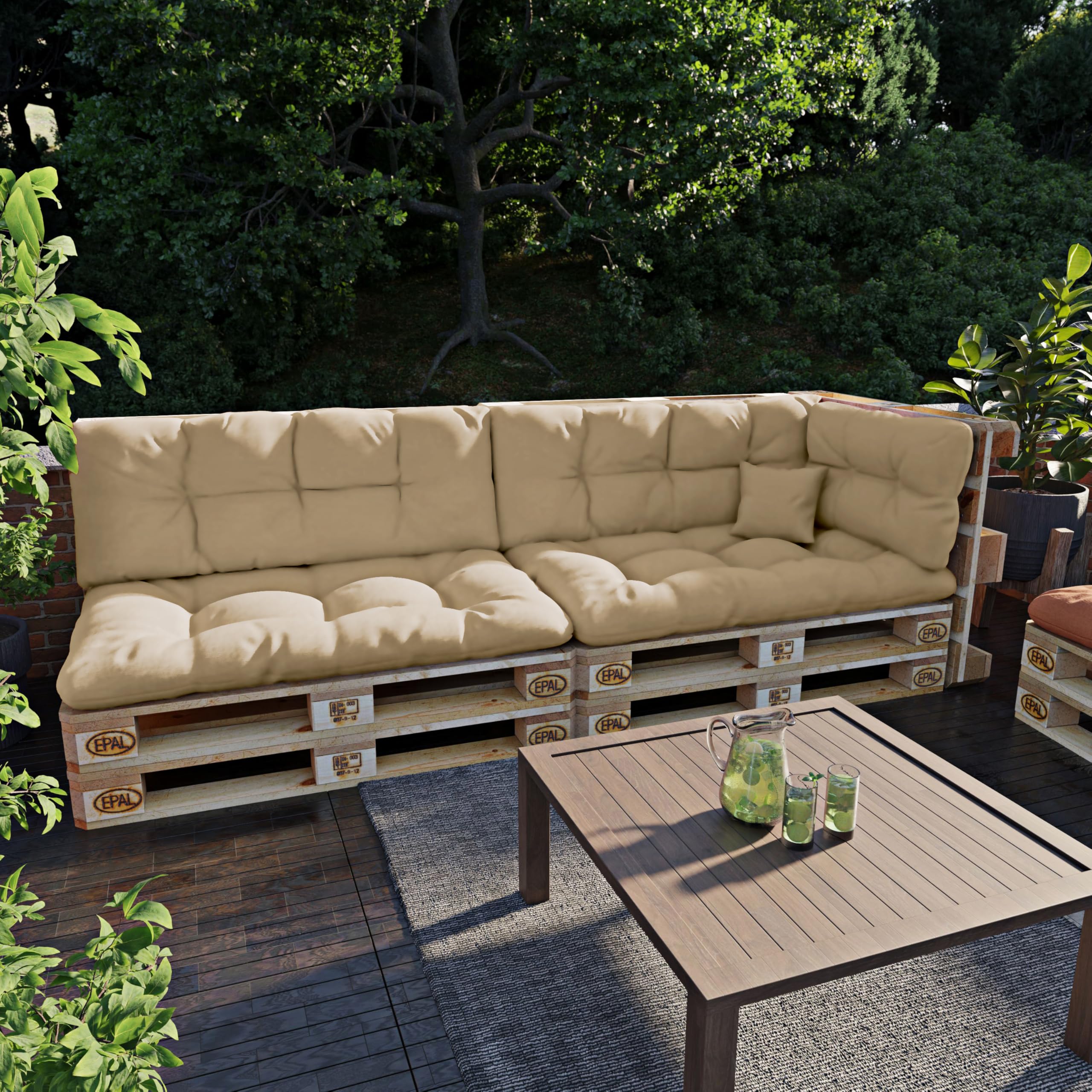 POKAR Cuscino-schienale laterale 60x40cm per Divano da Giardino Idrorepellente, Spalliera per Bancali, schiuma fredda, senza Pallet, Beige