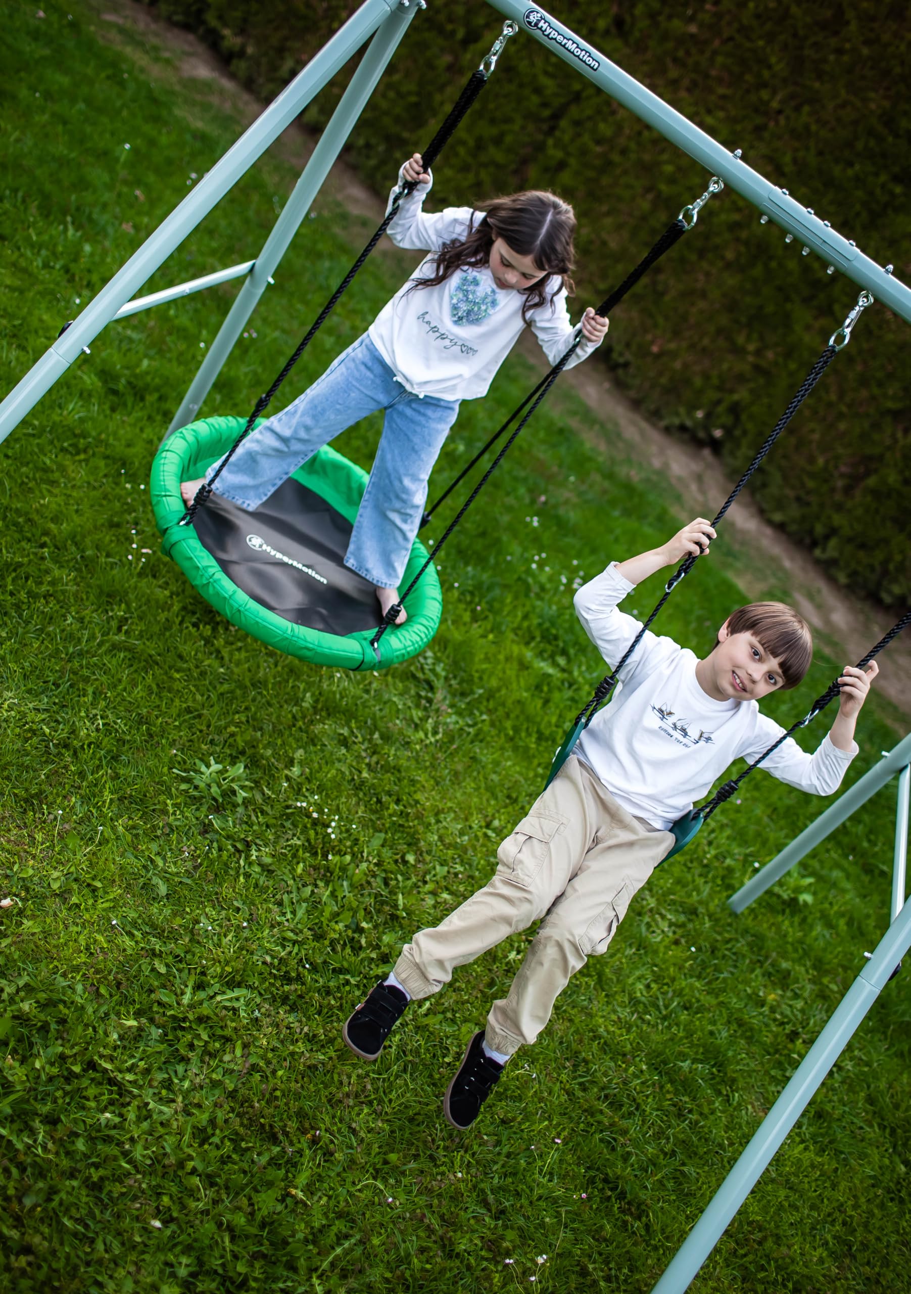 HyperMotion Columpio Infantil Doble para Jardín Exterior - Asiento y Nido de Cigüeña Ajustable con Estructura en A - para 2-3 Niños, Carga 200kg, Resistente UV