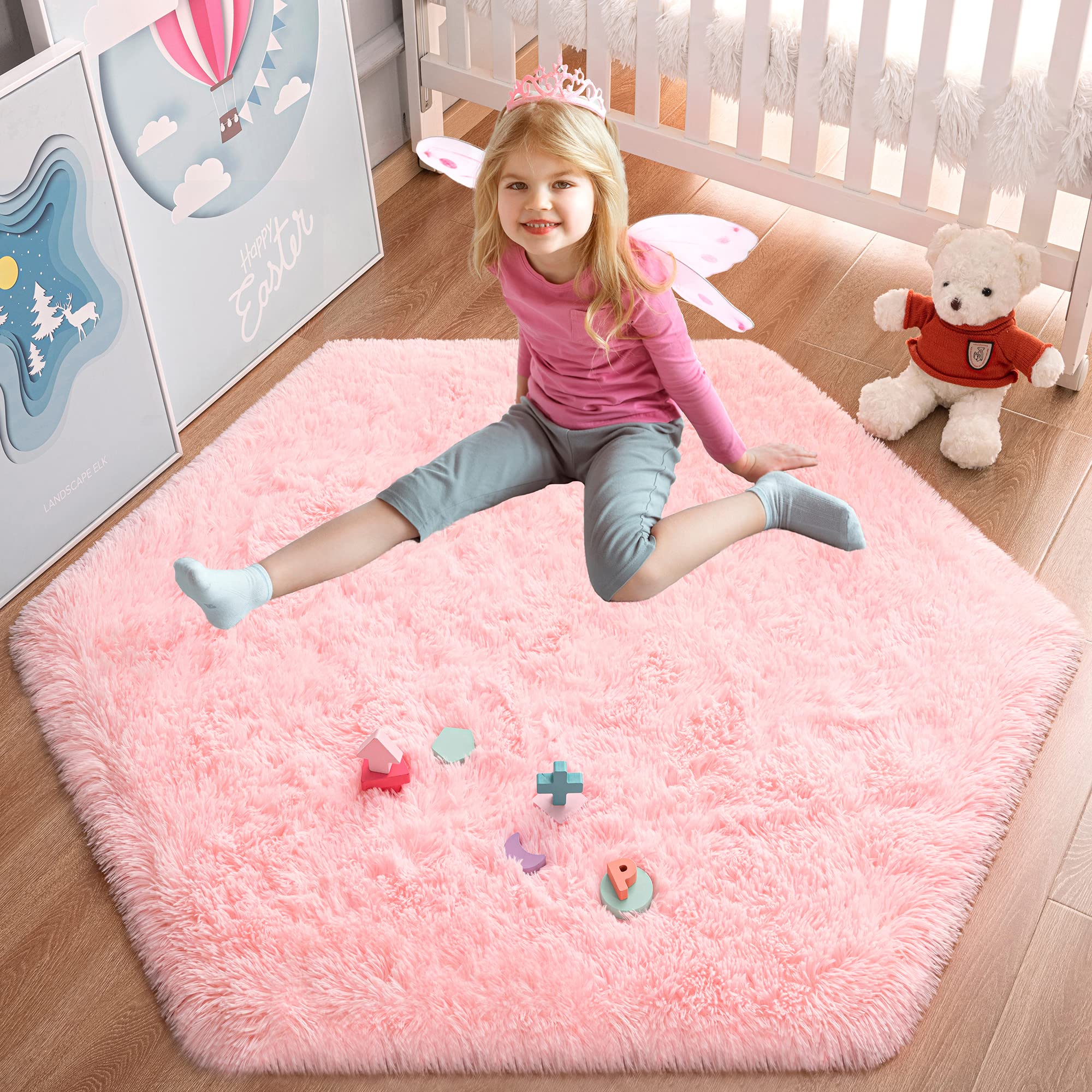 Buy EVOIONOS Pink Hexagon Rug for Princess Tent , Fluffy Area Rug for