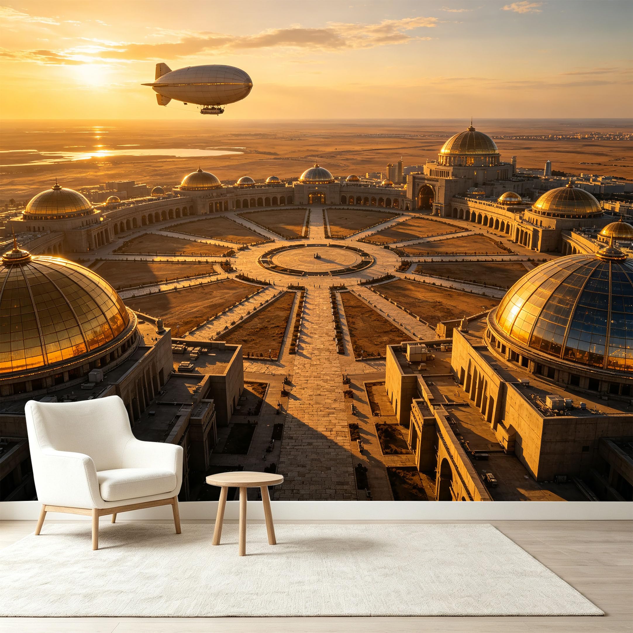 Custom Size Wall Murals Neoclassical Palace Golden Domes Airship Sunset View Self-Adhesive Wall Fabric Removable Wallpaper Wall Decor for Living Room Bedroom Bathroom