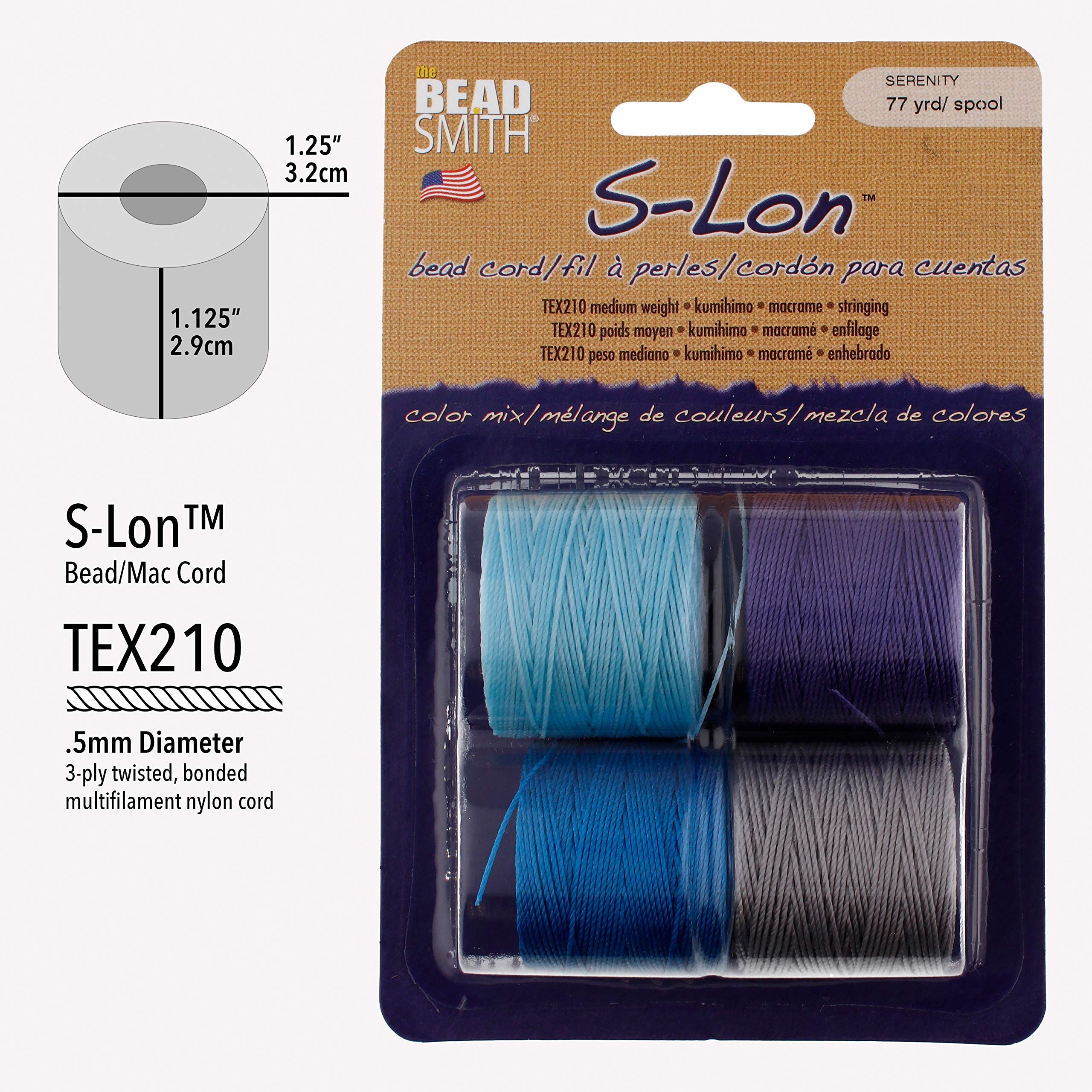 Beadsmith S-Lon #18 sznurek, wielopak z 4 szpulami (mieszanka serenity), idealny do nawlekania koralików, szydełkowania i biżuterii z mikromakramy