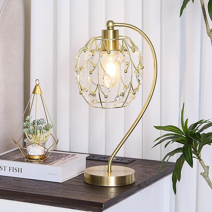 DGGDOME Crystal Table Lamps for Living Room, Gold Crystal Bedside Lamp, Modern Nightstand Lamps for Bedroom Home Office, Elegant Decorative Gold Desk Lamps for Girls Room, Single