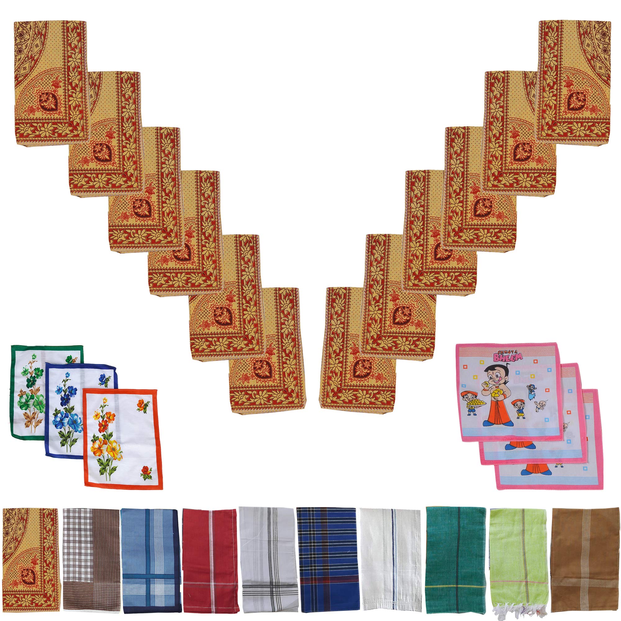 SAI PRASEEDA 100% Pure Soft Cotton Hand Kerchief_Hanky Multi Color Pack of 12 with Free 3 Ladies Kerchief_3 Kids Kerchief SP6-picture-31