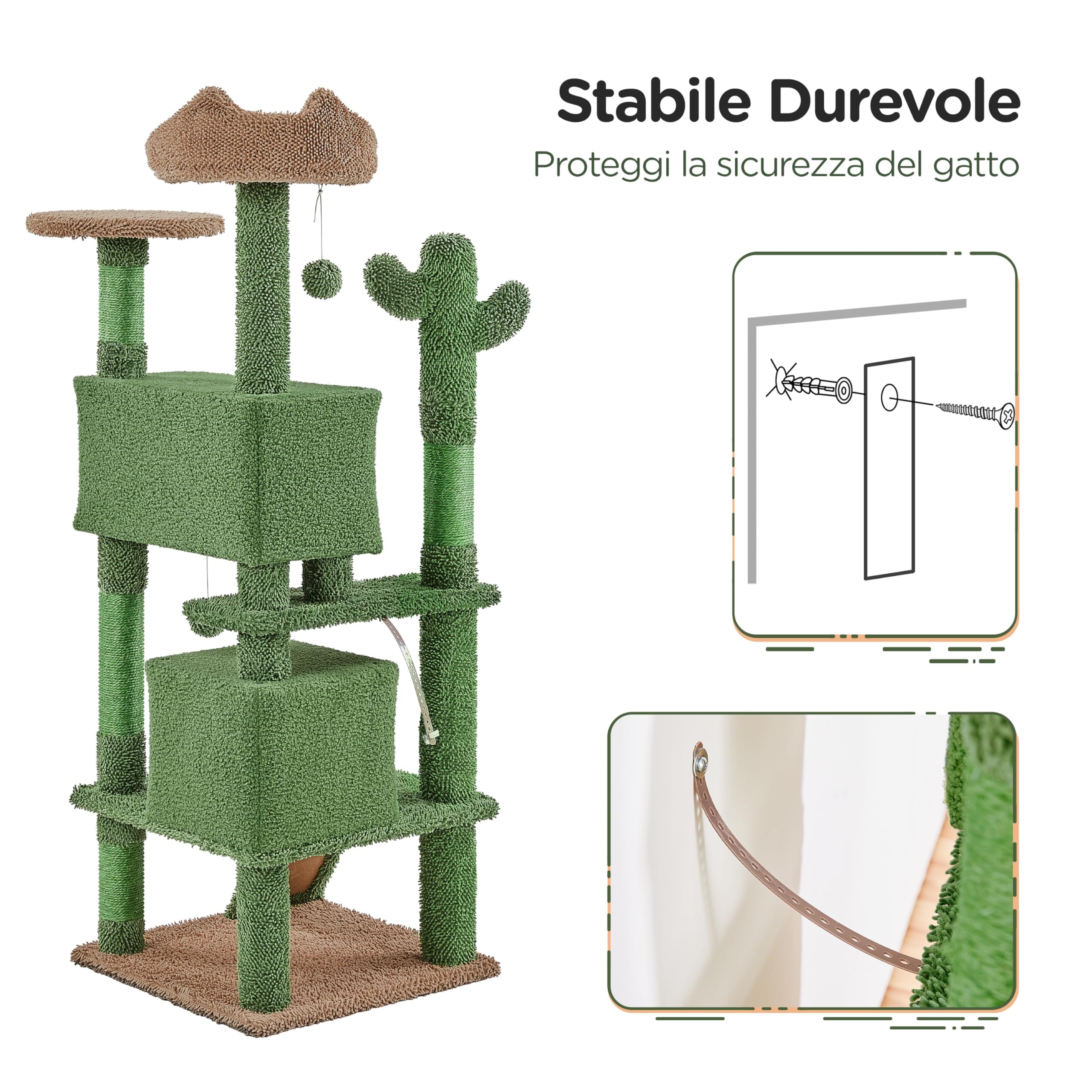Yaheetech Albero Tiragraffi per Gatti a Forma di Cactus Condominio Palla Gioco in Truciolato e Corda di Sisal 48,5 cm × 48,5 cm × 138 cm