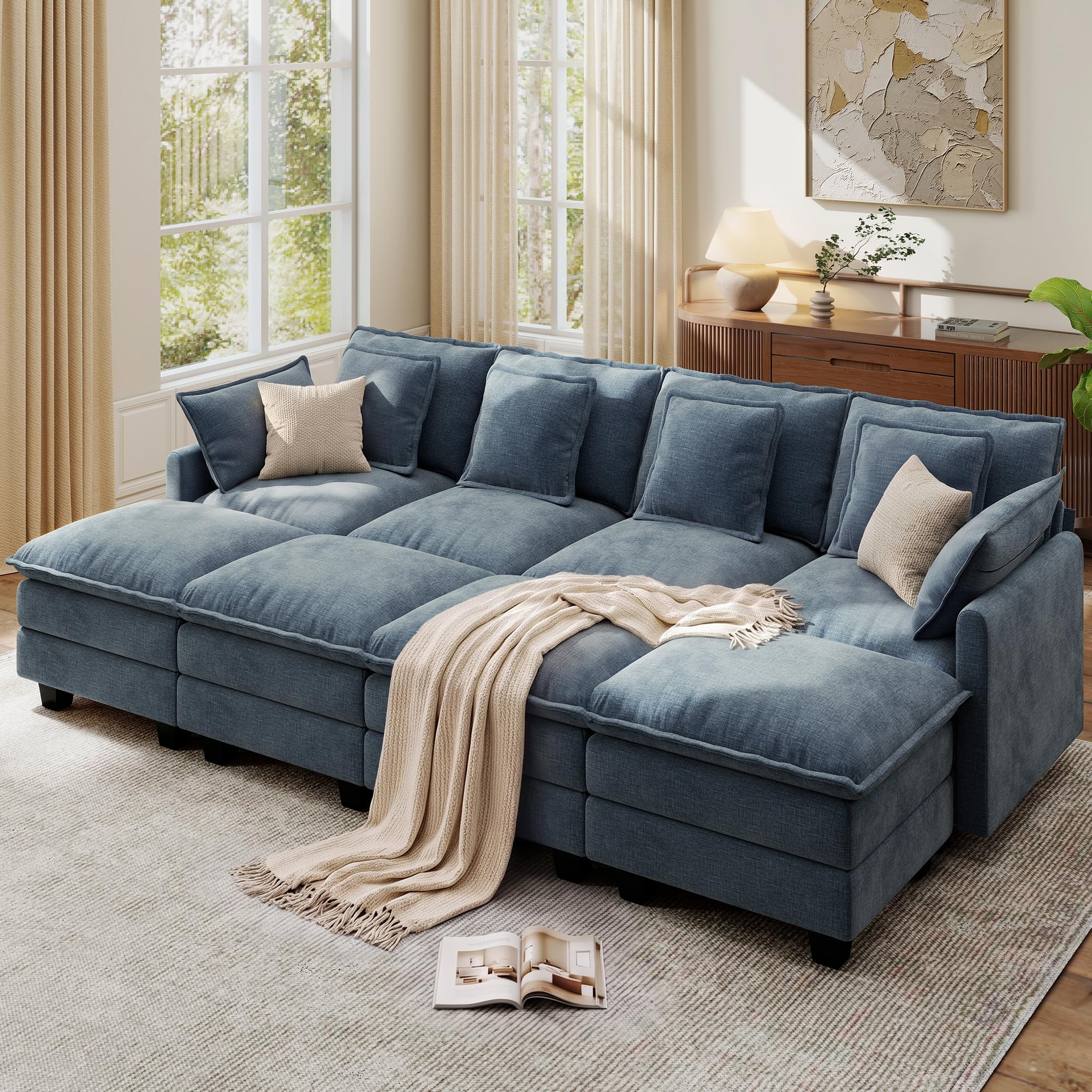 Ihanherry 107" Modular Sectional Cloud Sofa, Convertible Sofa Bed 8 Seat Chenille Couch with Movable Ottomans and 48" Deep Seat, Couches for Living Room, Blue