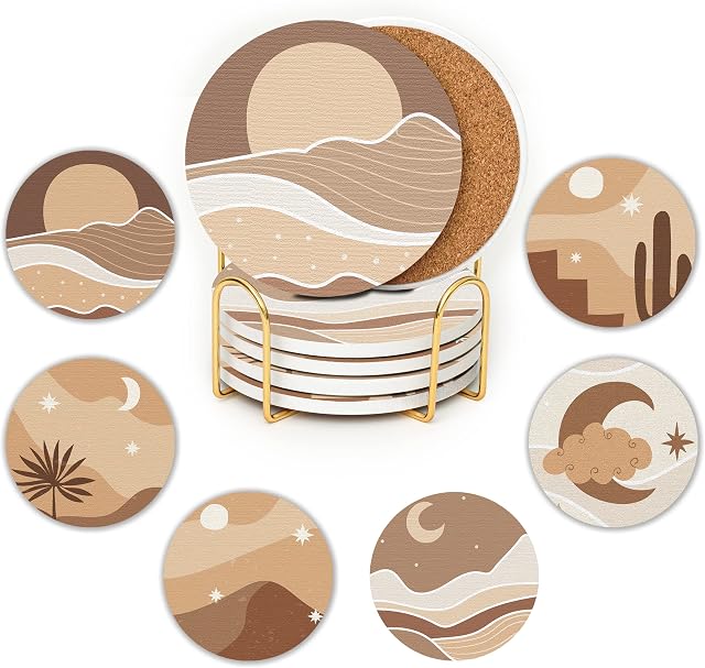 JJ PRIME - Ceramic Coasters Set Of 6 | Absorbent Coasters With Holder | Drink Coasters with Cork Based - Non Scratch, Anti Slip Glass Coasters House Warming Gifts (Boho Art)