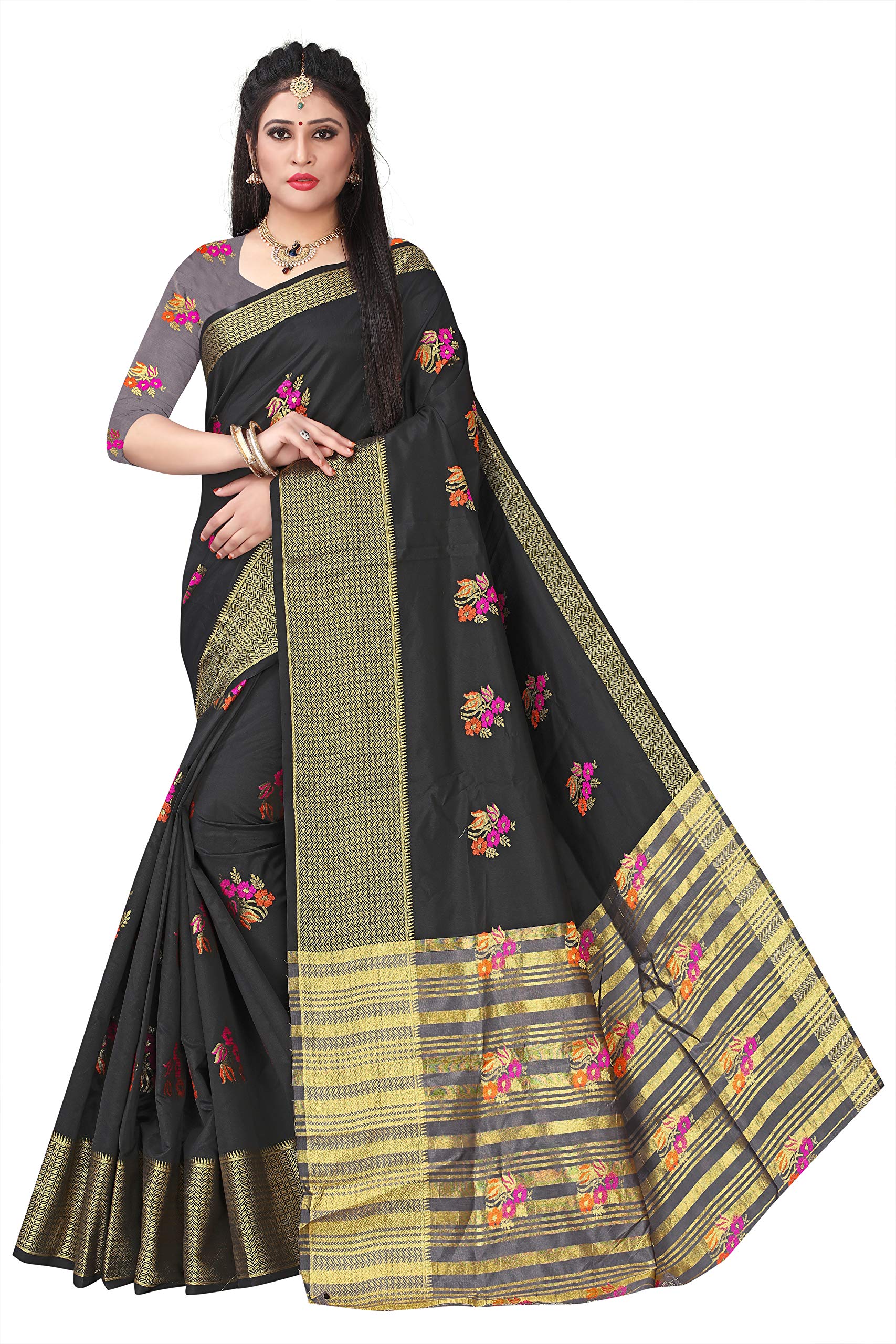 RIVANA Women's Gorgeous Kanjivaram Silk Gold Zari Woven Bright Border Saree with Blouse Piece (R203, Black)