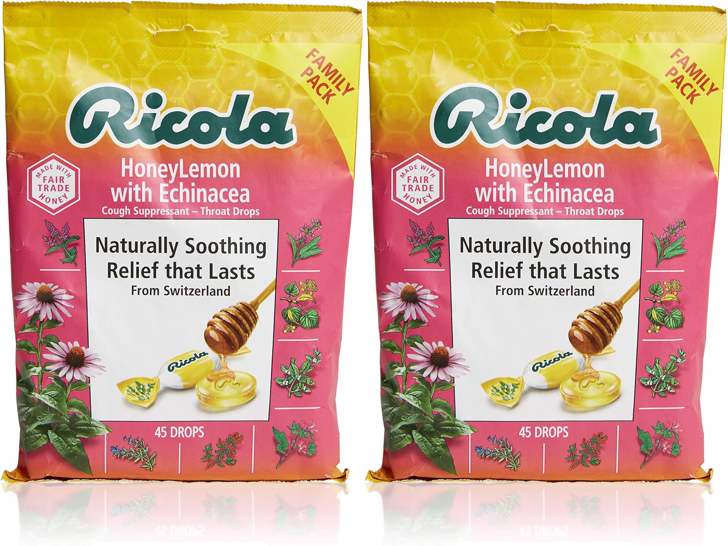 Ricola Honey Lemon Herbal Cough Suppressant Throat Drops, 45ct Bag (Pack of 2)