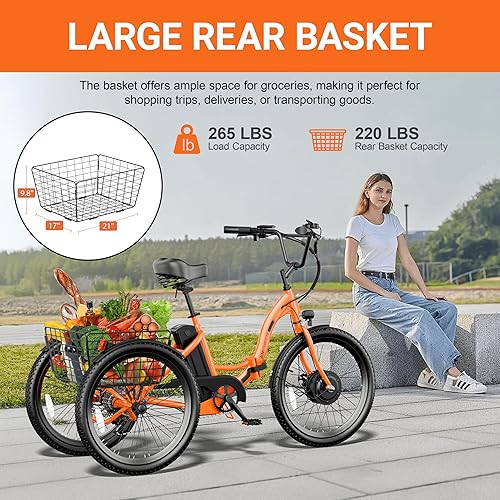 Vista 32 de ANCHEER Triciclo eléctrico para adultos, triciclo eléctrico pico de 600 W, 24 pulgadas, 499 Wh, bicicleta eléctrica plegable de 3 ruedas