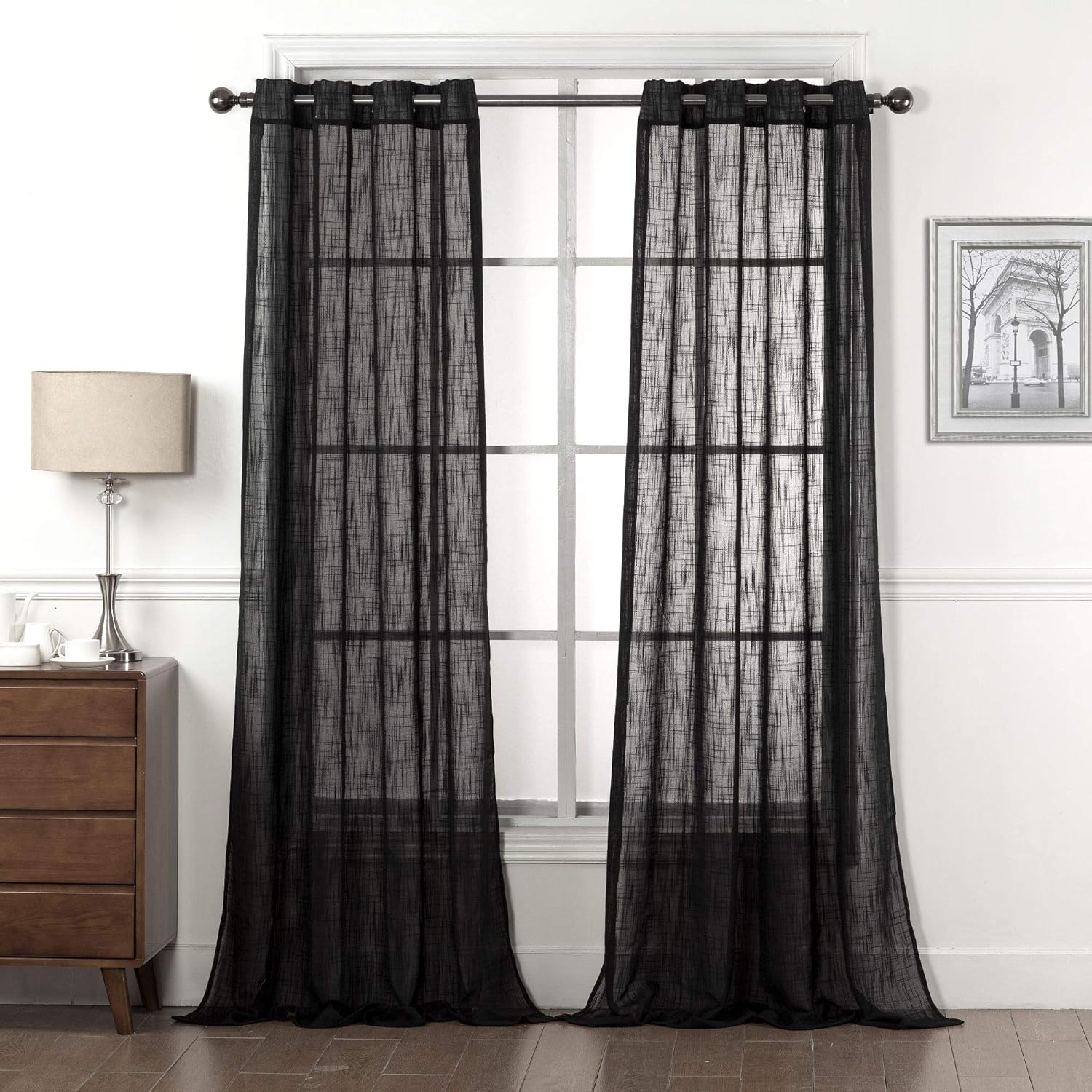Linen Curtains 84 Inches Long Semi Sheer Black Curtains - Privacy Added Nickel Grommet Linen Curtain Panels for Living Room/Bedroom, 52" W x 84" L, Black (2 Panels)