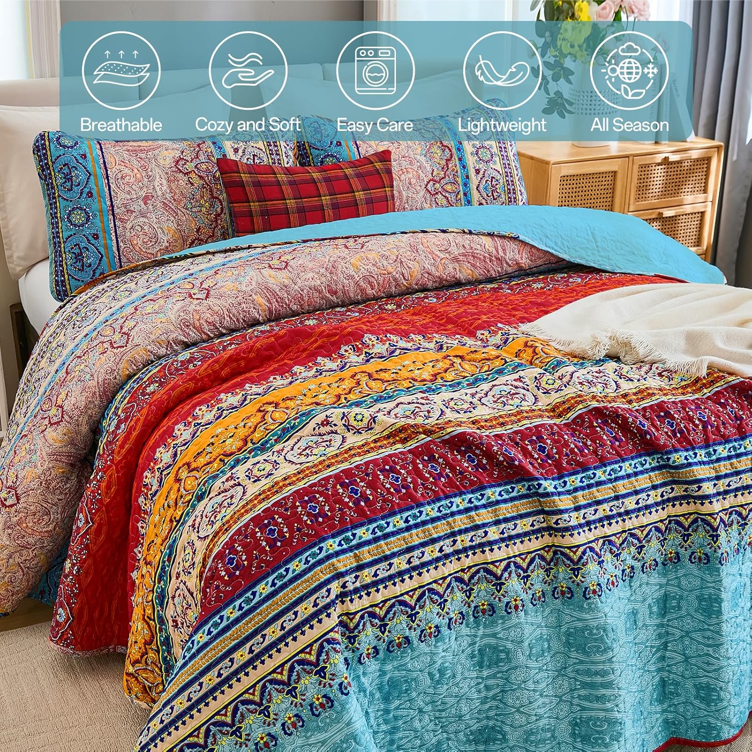 WONGS BEDDING Bohemian Quilt Set King Size, Boho Striped Printed Quilts Bedspread Set for All Seasons, Lightweight Microfiber Coverlet Bedding Set with 2 Pillowcases 104"x90" (3 Pieces, Colorful) - Image 4
