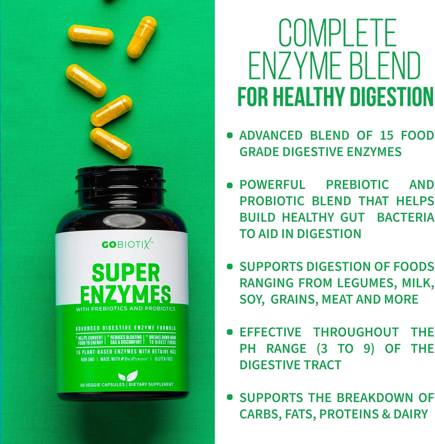 Super Enzymes Supplement - 15 Vegan + Plant-Based Digestive Enzymes with Prebiotics, Probiotics + Bioperine - Supports Gut Health, Gluten Digestion, Lactose Absorption + Leaky Gut - 60 Veggie Capsules : Health & Household
