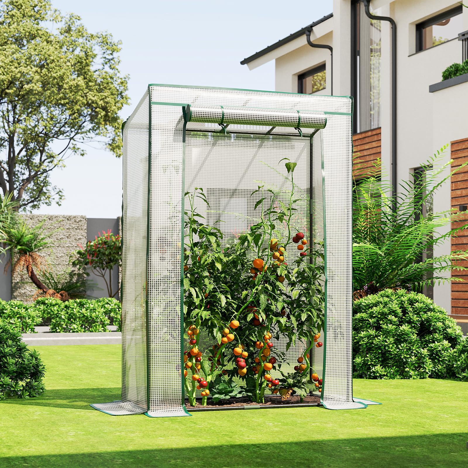 LARMNEE Serre de Jardin, Serre à Tomates, avec Barre de Renfort sur Le Toit Plat, Porte Enroulable, Abri Potager pour Plantes, Anti-Accumulation de Pluie, 100 x 50 x 150 cm, Blanc EWT15GH02G1