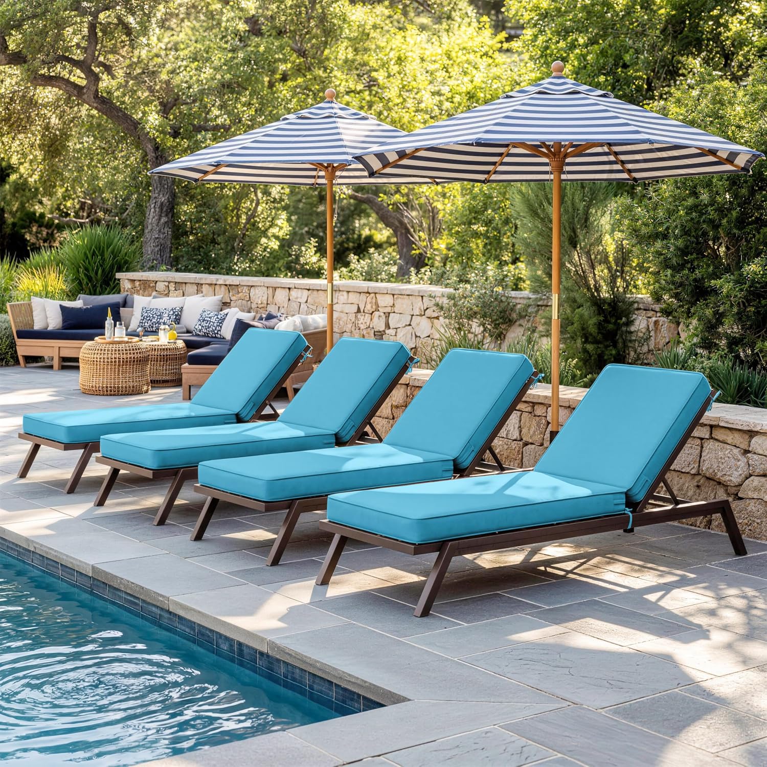 Outdoor Chaise Lounge Cushions Set of 4,Waterproof & Fade-Resistant Lounge Chair Cushion with Removable Cover & Tie Straps,Replacement Lounge Chair Pads for Lawn, Patio, Pool & Beach