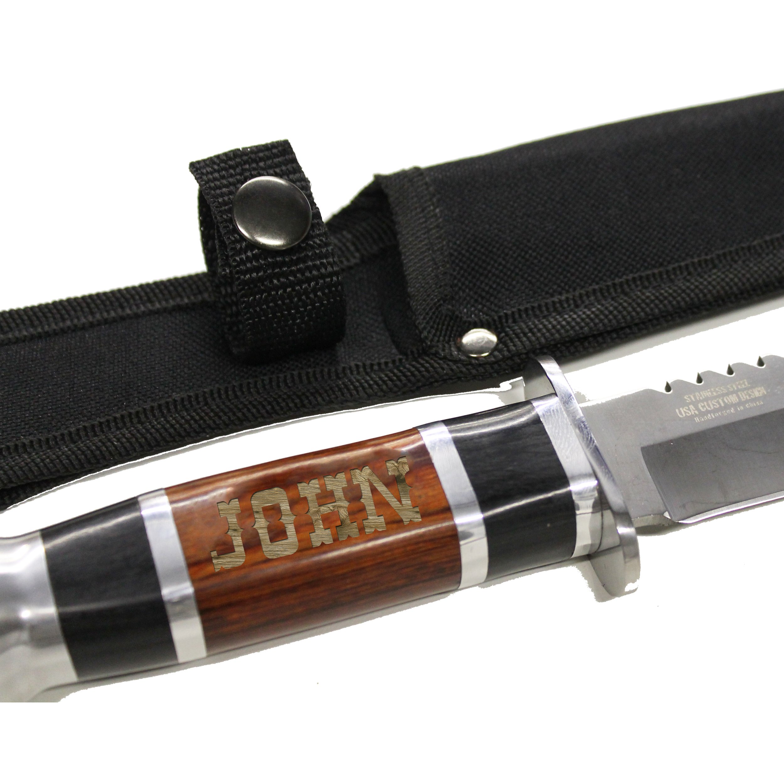 Custom Engraved Fixed Blade Knife with Sheath - Rosewood Color Finish Handle Hunting Knives - Personalized