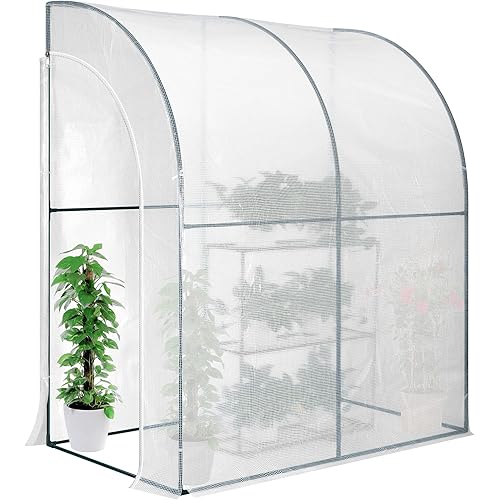 VIVOSUN Mini Lean-to Greenhouse, 6.6’ x 3.3’ x 6.9’ Portable Wall House with White PE Cover and Shelf for Compact Garden 79x39x83-Inch