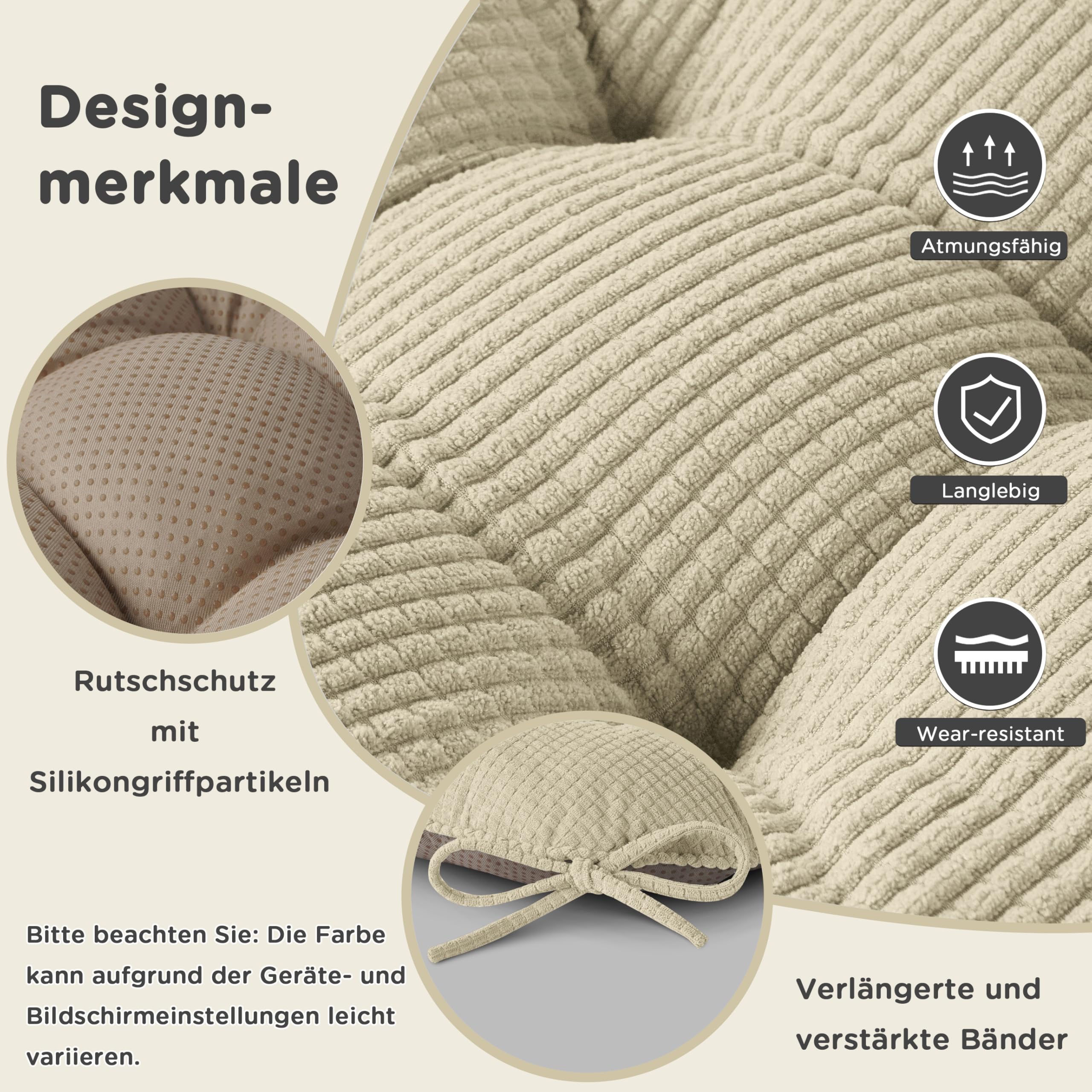 AddGrace Sitzkissen für Esszimmerstühle mit Bändern 43x40cm 4er Set Beige