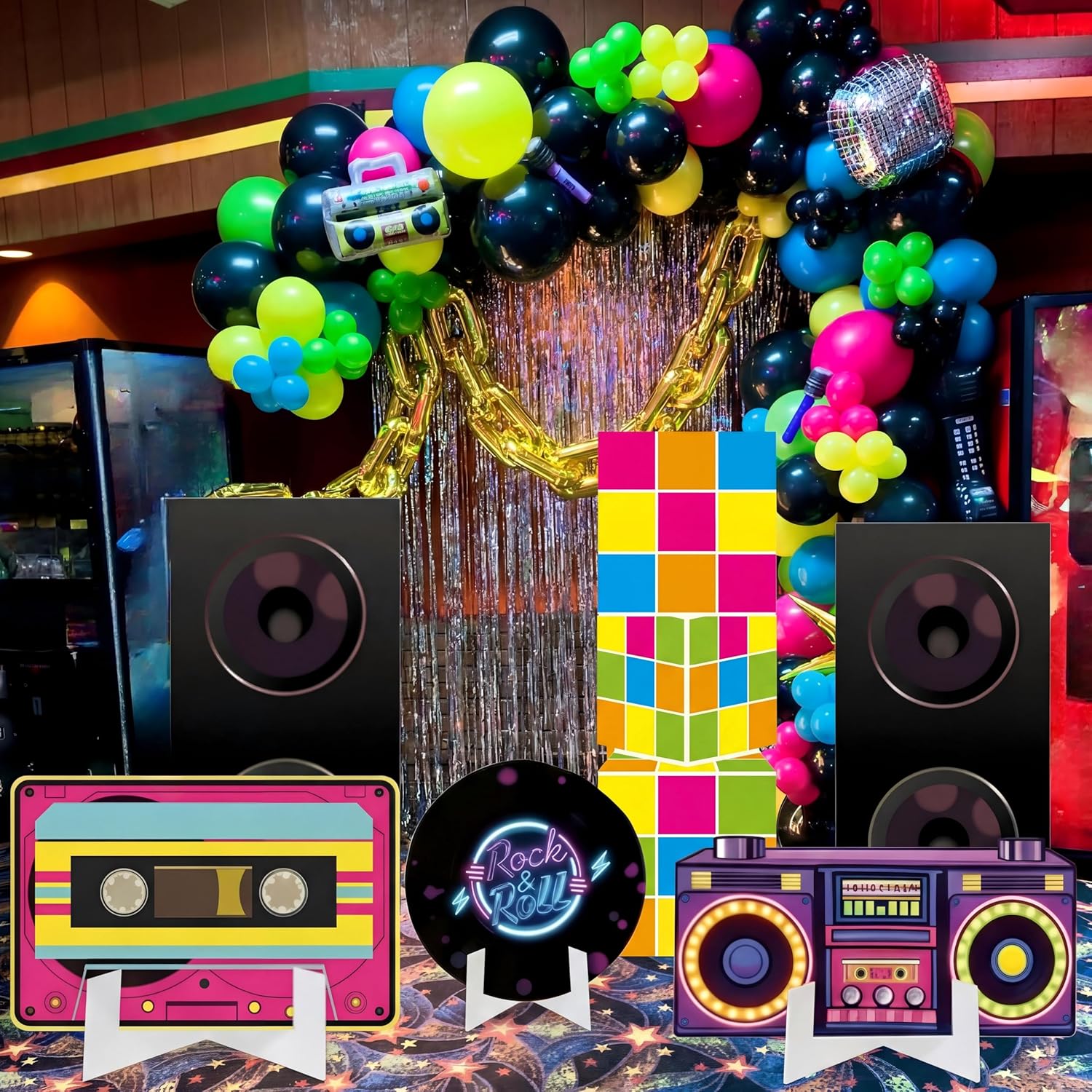 6 Pcs 80s 90s Large Stand Party Decorations Set with Sturdy Bases Big Yard Sign for Themed Party Baby Shower, Photo Booth Props Indoor Outdoor