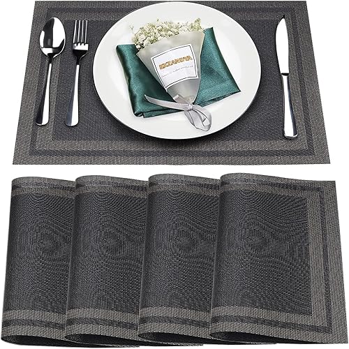 Miniatura 8 de Juego de 6 manteles individuales, lavables, resistentes al calor y a las manchas para interiores y exteriores, manteles individuales de vinilo Negro