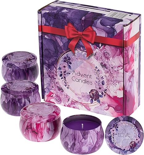 Juego de 4 velas de Adviento Regalos de Adviento Caja de velas de regalo de Adviento Amor paz esperanza y alegría impresa en botes velas de lata