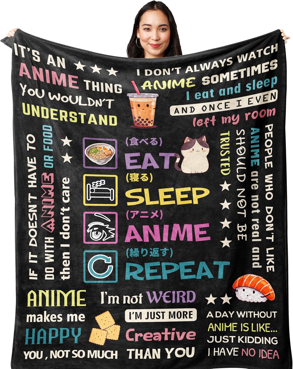 Anime Gifts for Men Girls Women, Kawaii Gifts Blanket 60"x50", Animal Lover Gifts for Kids, Eat Sleep Anime Repeat