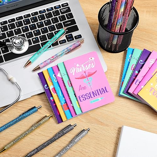 Miniatura 5 de 22 bolígrafos divertidos para enfermeras y mini cuadernos de enfermera, 10 bolígrafos de purpurina de colores y bloc de notas de 12 bolsillos,