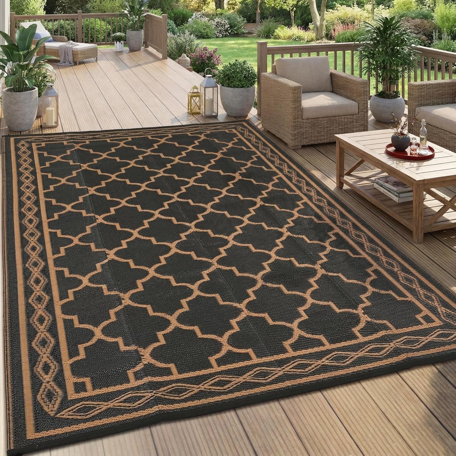 GarveeLife Outdoor Rug 8x10 RV Camping Outdoor Plastic Rug Waterproof Portable Reversible Patio Mat, Large Floor Carpet for Deck Beach Porch Portable Foldable Outside Rug for Deck,Camper, Black/Brown
