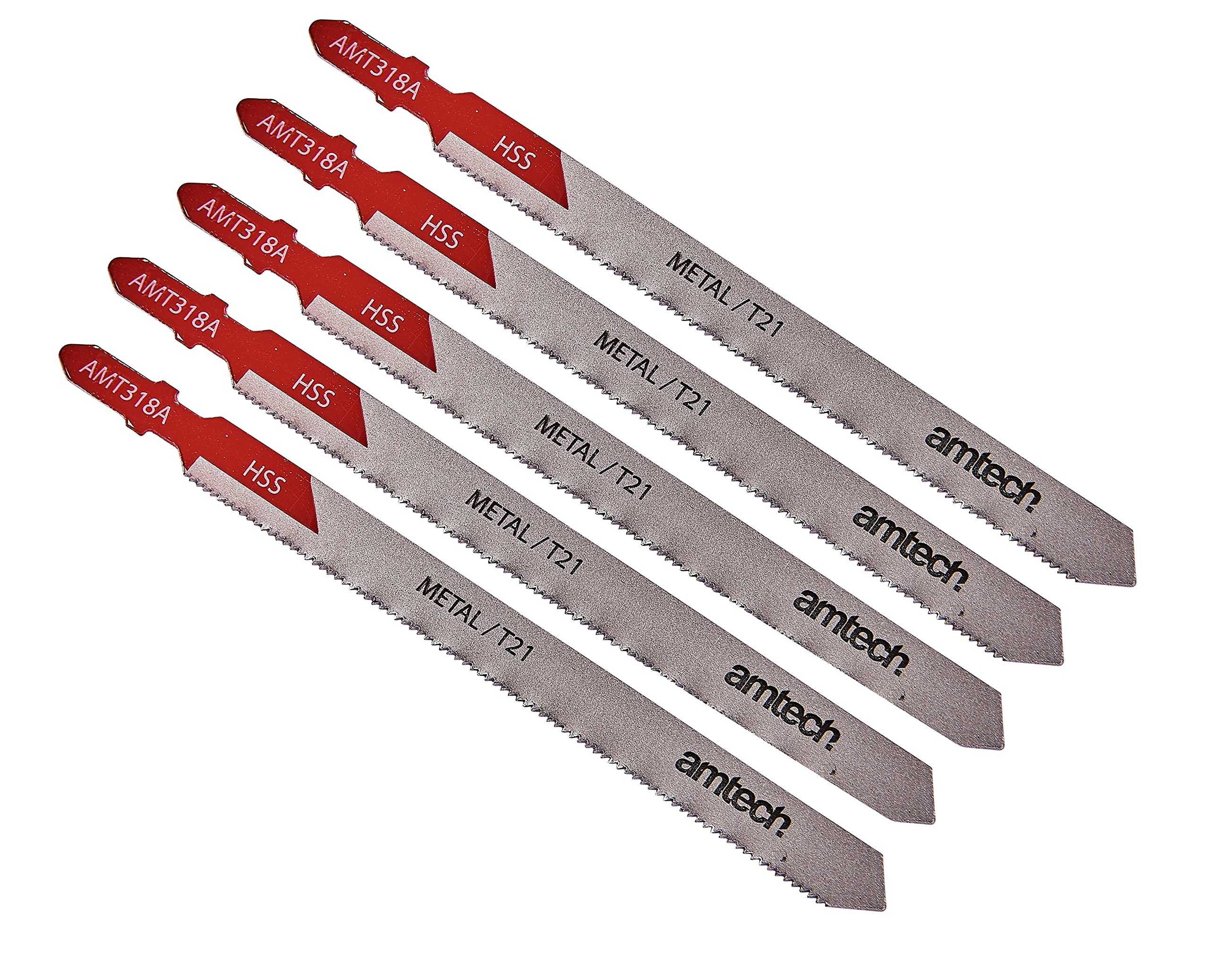 Amtech 5pc Metal Jigsaw Blade Set (AMT318A), HSS T-Shank, 132 mm, 21 TPI for Thin Metal, Pipes and Aluminium Profiles (to 65 mm)