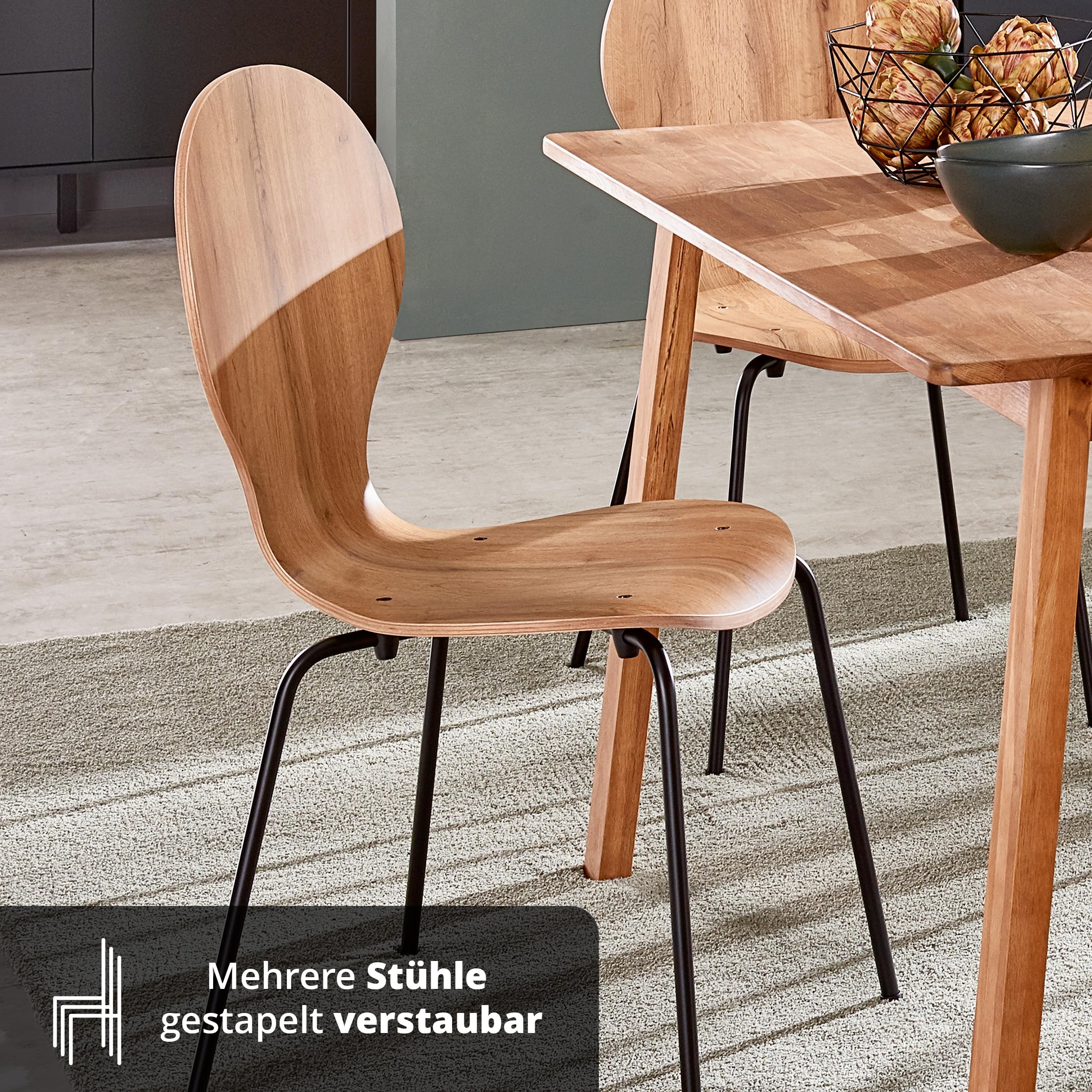 KHG 6er Set Stapelstühle Esszimmerstuhl Stuhl aus Schichtholz mit Eiche-Dekor - Sitzhöhe 45 cm, Stuhlbeine aus Metall - stapelbar für Esszimmer Gastronomie Büro