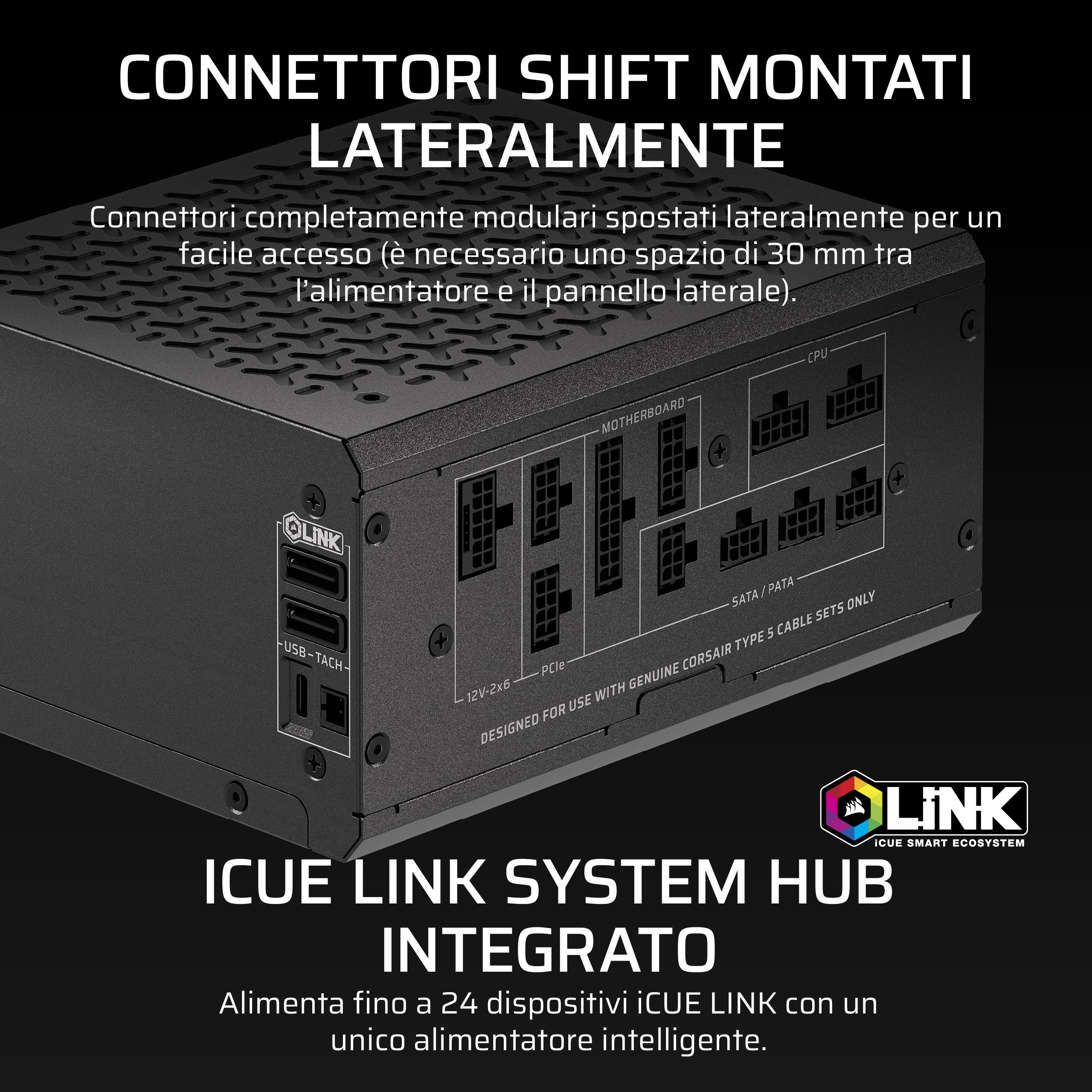 CORSAIR HX1000i SHIFT Alimentatore ATX completamente modulare – Nero | Hub di sistema iCUE LINK integrato, cavo nativo 12 V 2x6, ATX 3.1 e PCIe 5.1, Cybenetics Platinum