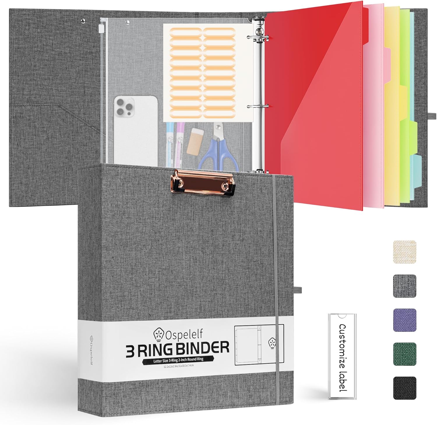 Ospelelf 2 Inch 3 Ring Binder Organizer with Zipper Pouch, 5 Plastic Folders with 10 Pockets, Linen Clipboards for Letter Size (8.5" x 11"), Hardcover School Binder, Darkgrey