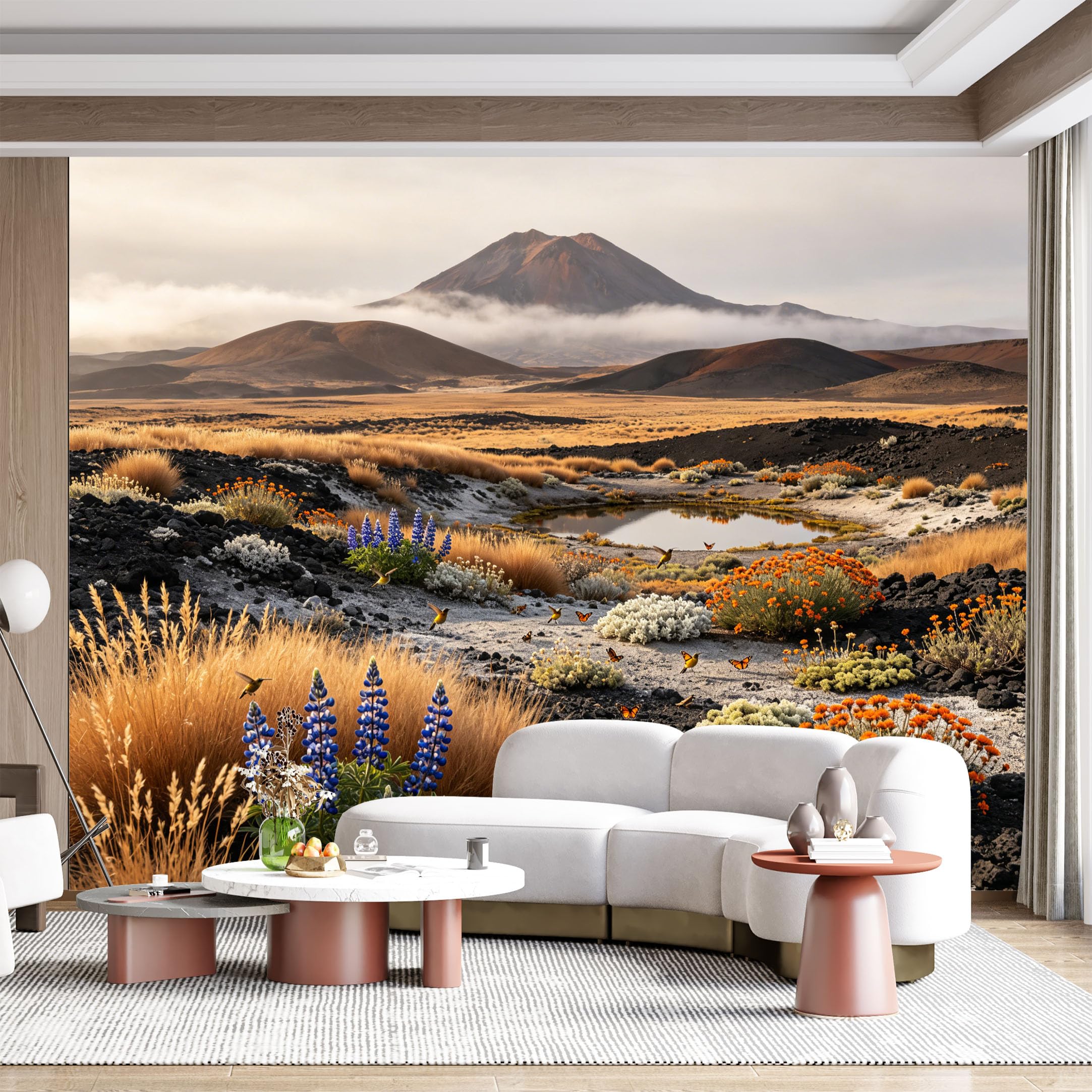 Custom Size Wall Mural Volcanic Landscape with Lupine and Butterflies Panoramic SelfAdhesive Wall Fabric Removable for Home Office Decor